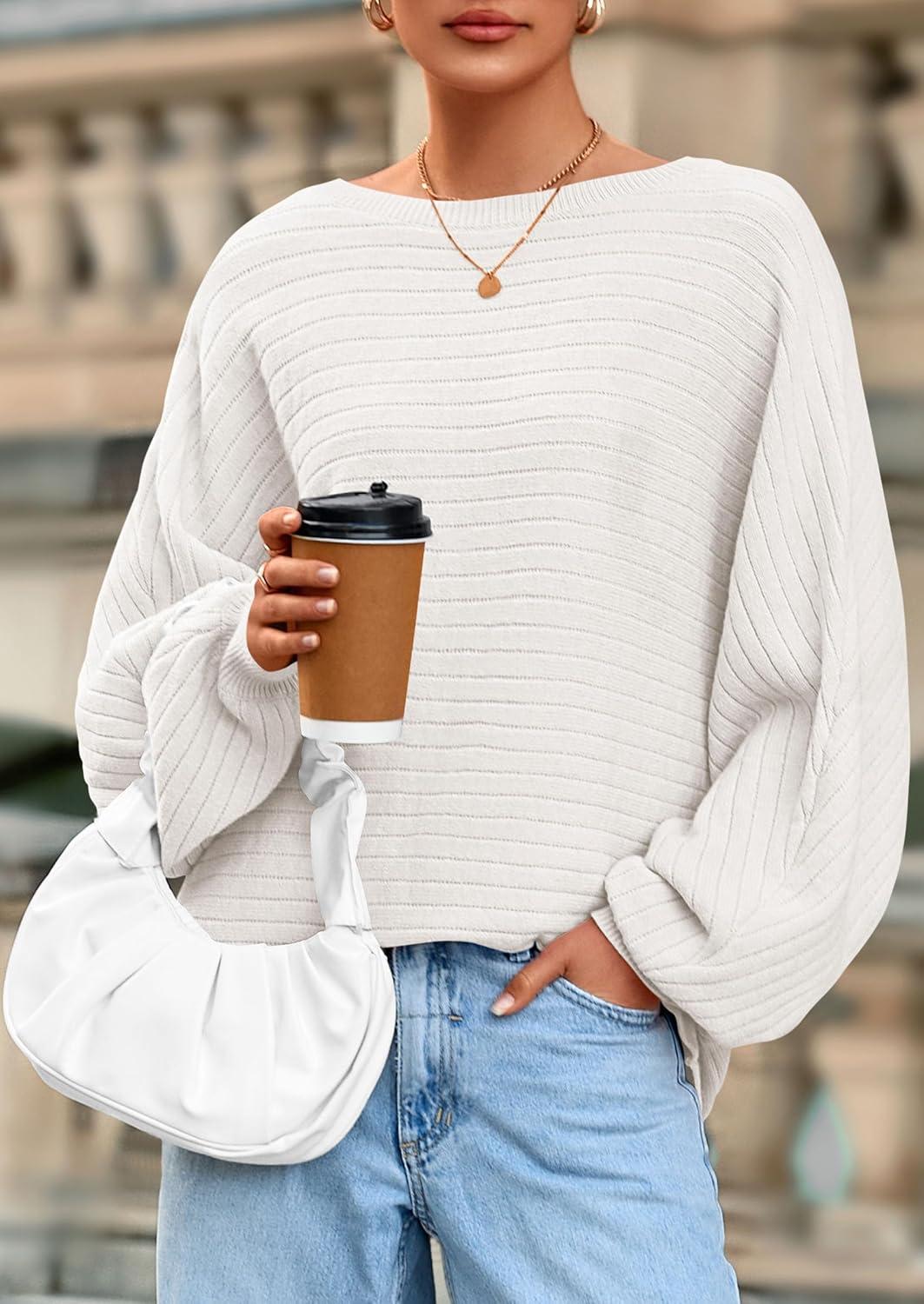 imagePRETTYGARDEN Sweaters for Women Oversized Spring Boat Neck Pullover Long Sleeve Knit Tops Cozy Fall Winter Fashion ClothingWhite