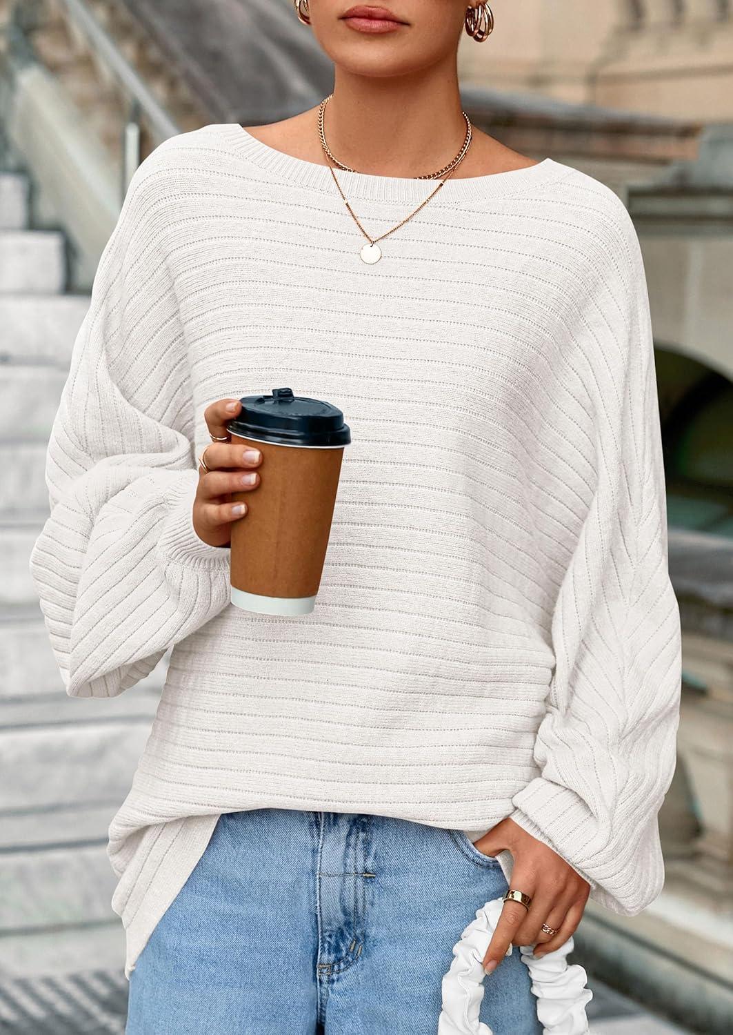 imagePRETTYGARDEN Sweaters for Women Oversized Spring Boat Neck Pullover Long Sleeve Knit Tops Cozy Fall Winter Fashion ClothingWhite