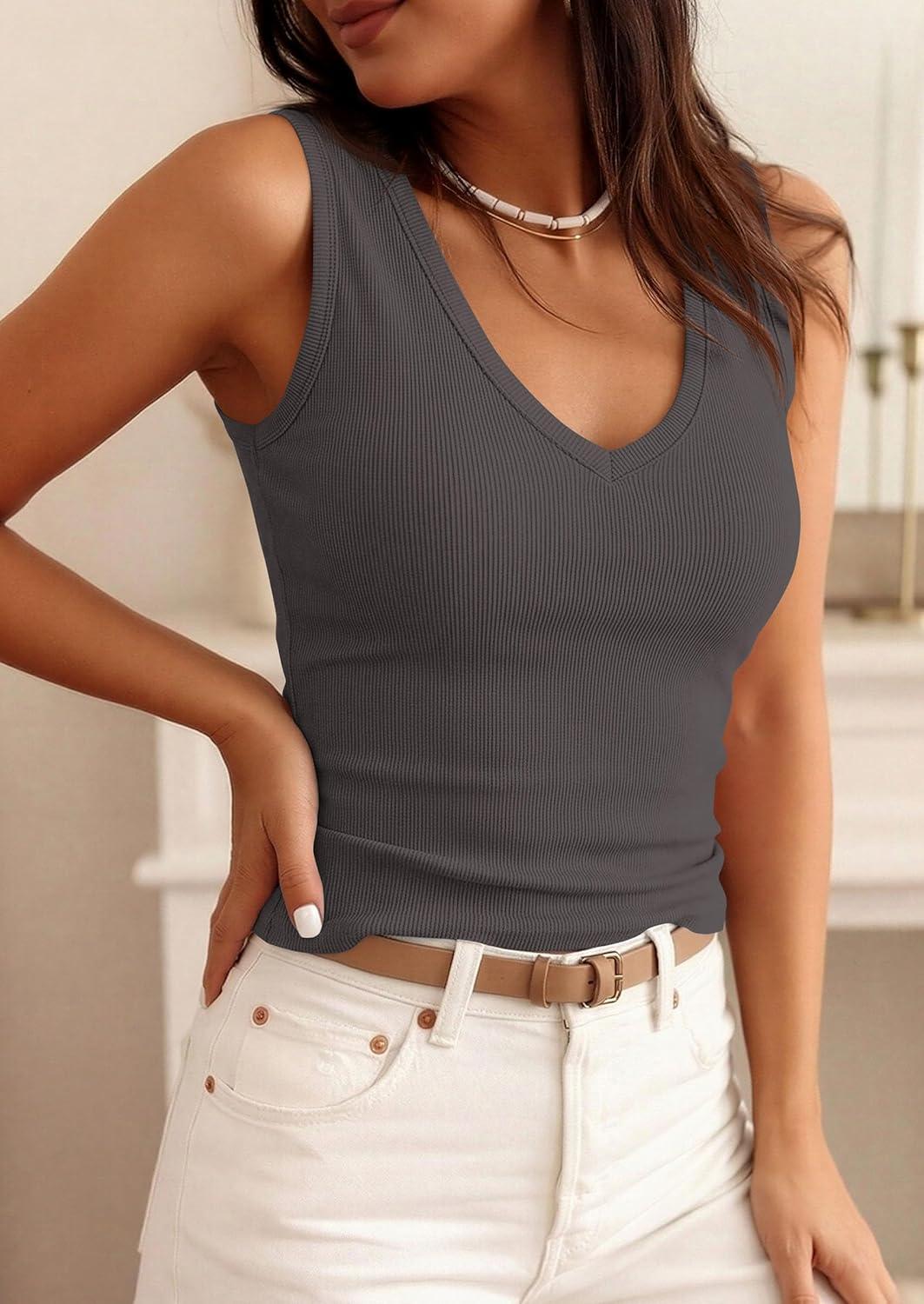 imagePRETTYGARDEN Tank Tops for Women V Neck Summer 2026 Casual Sleeveless Shirts Ribbed Knit Basic Tees Slim Fitted Camisole VestDark Grey