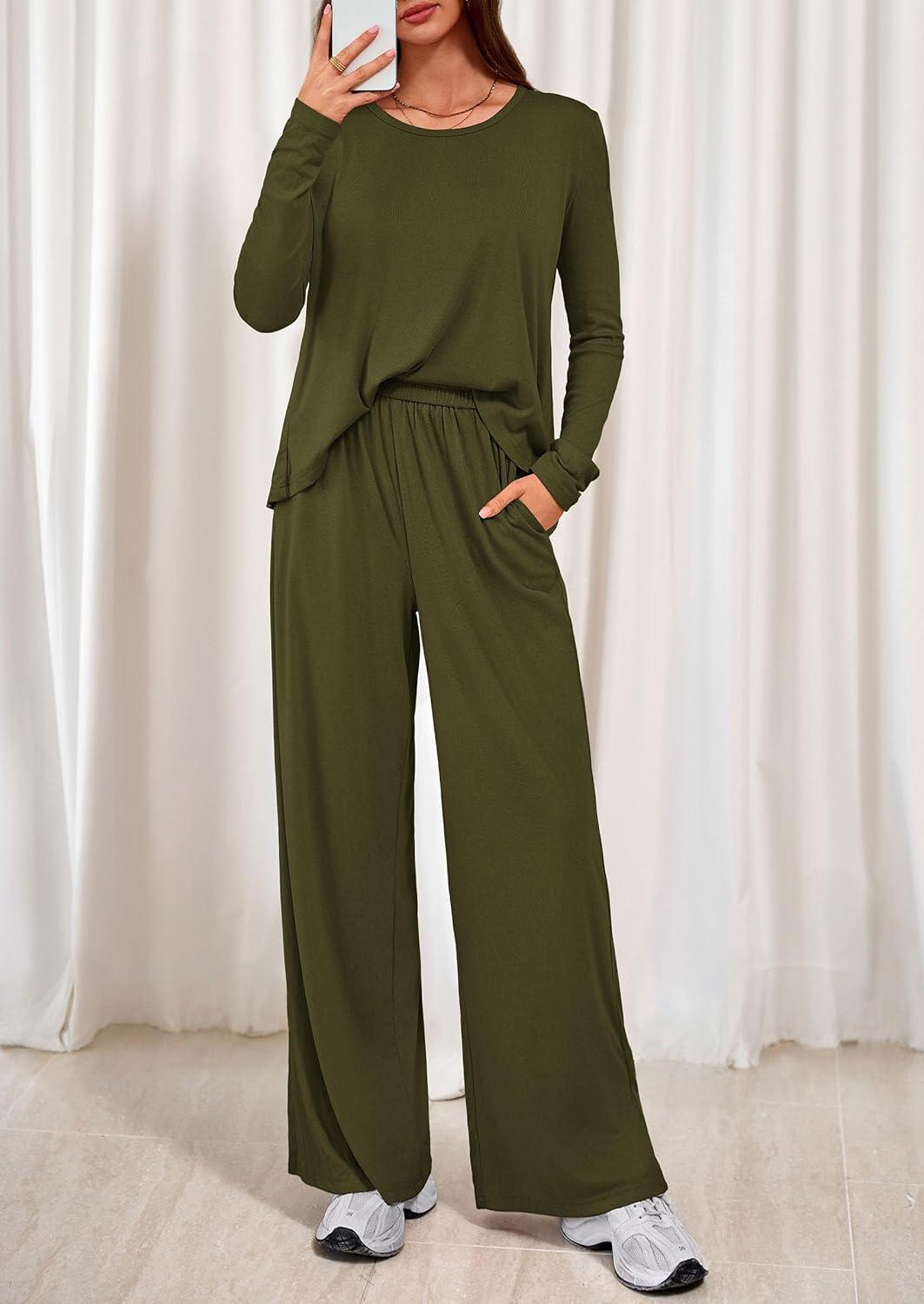 imagePRETTYGARDEN Womens 2 Piece Lounge Fall Sets Casual Long Sleeve Pajamas Comfy Pants Matching Spring Travel Outfits ClothesArmy Green