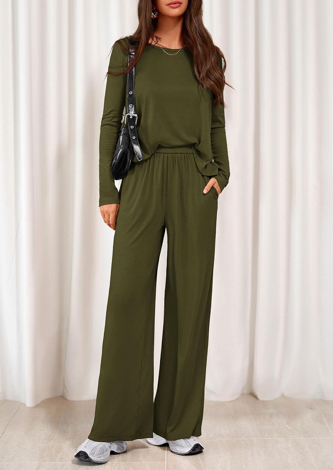 imagePRETTYGARDEN Womens 2 Piece Lounge Fall Sets Casual Long Sleeve Pajamas Comfy Pants Matching Spring Travel Outfits ClothesArmy Green