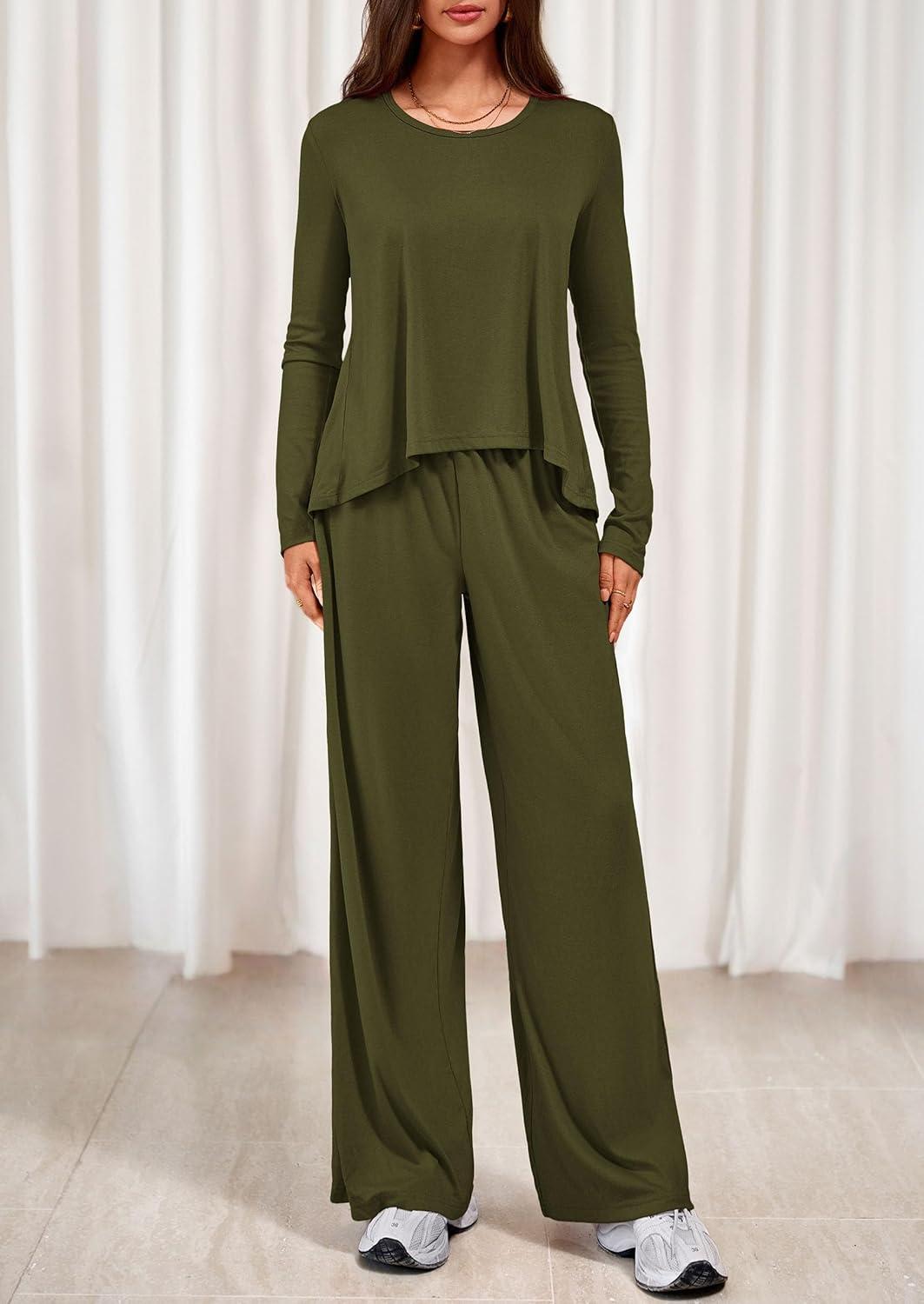 imagePRETTYGARDEN Womens 2 Piece Lounge Fall Sets Casual Long Sleeve Pajamas Comfy Pants Matching Spring Travel Outfits ClothesArmy Green
