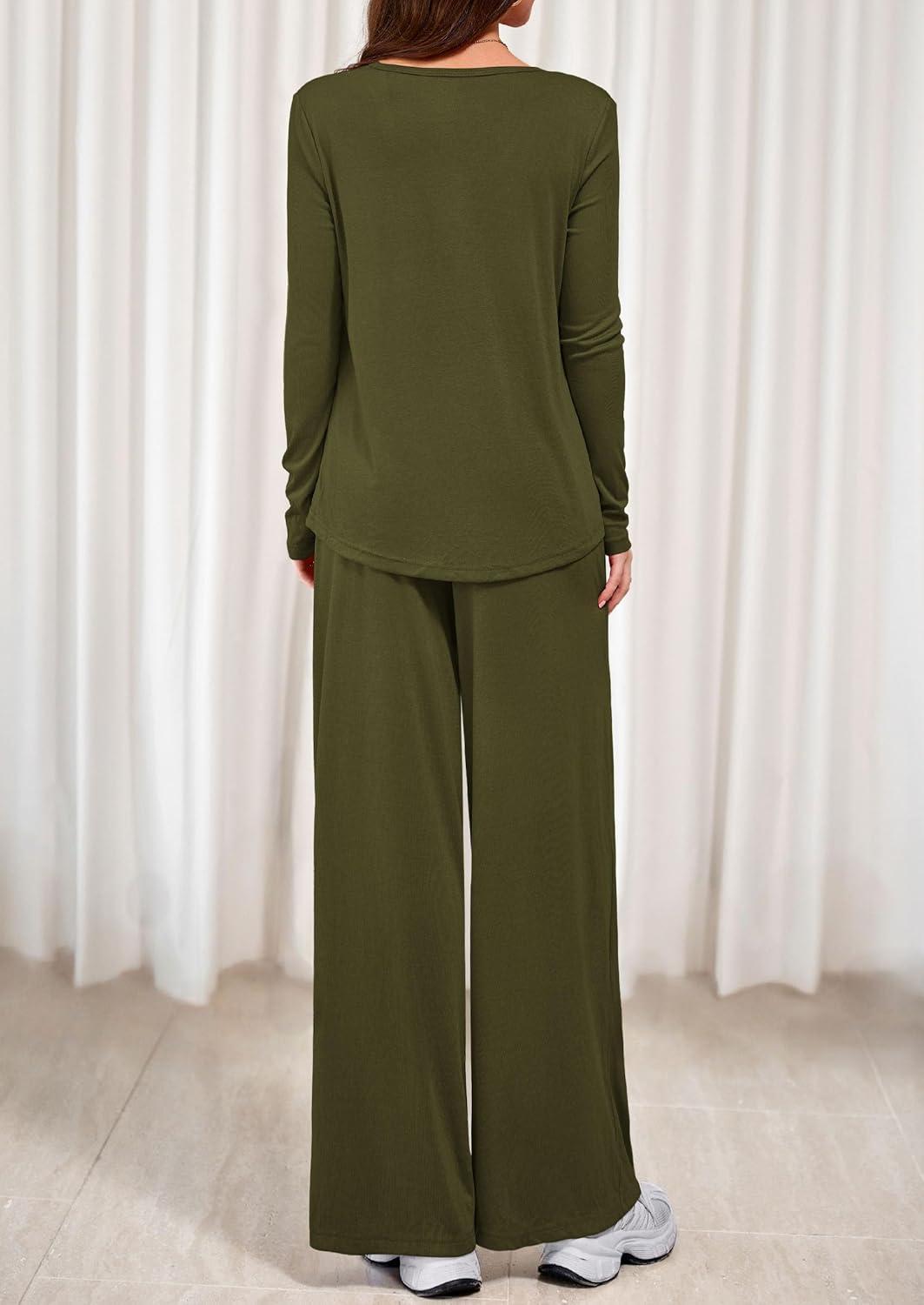 imagePRETTYGARDEN Womens 2 Piece Lounge Fall Sets Casual Long Sleeve Pajamas Comfy Pants Matching Spring Travel Outfits ClothesArmy Green