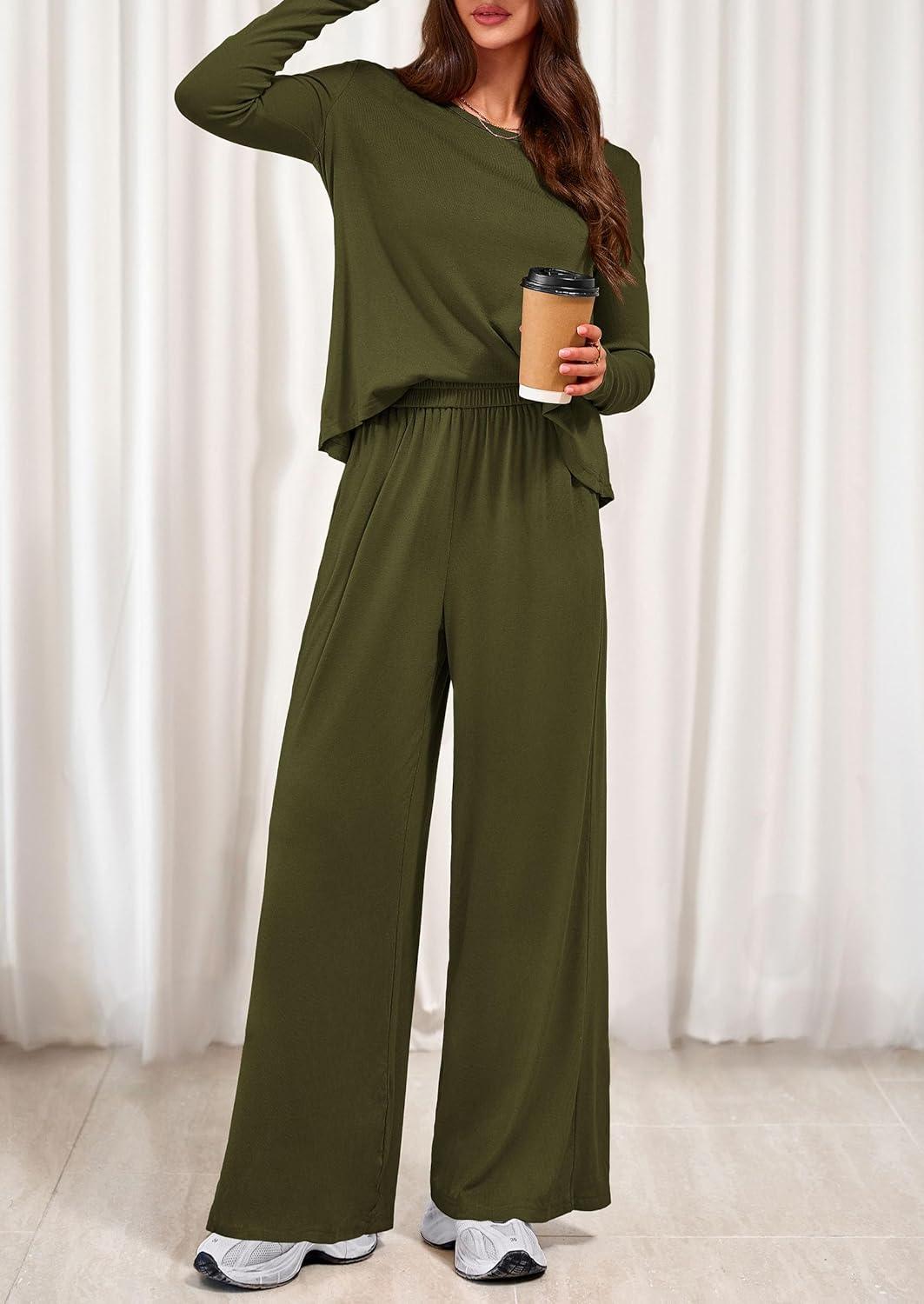 imagePRETTYGARDEN Womens 2 Piece Lounge Fall Sets Casual Long Sleeve Pajamas Comfy Pants Matching Spring Travel Outfits ClothesArmy Green