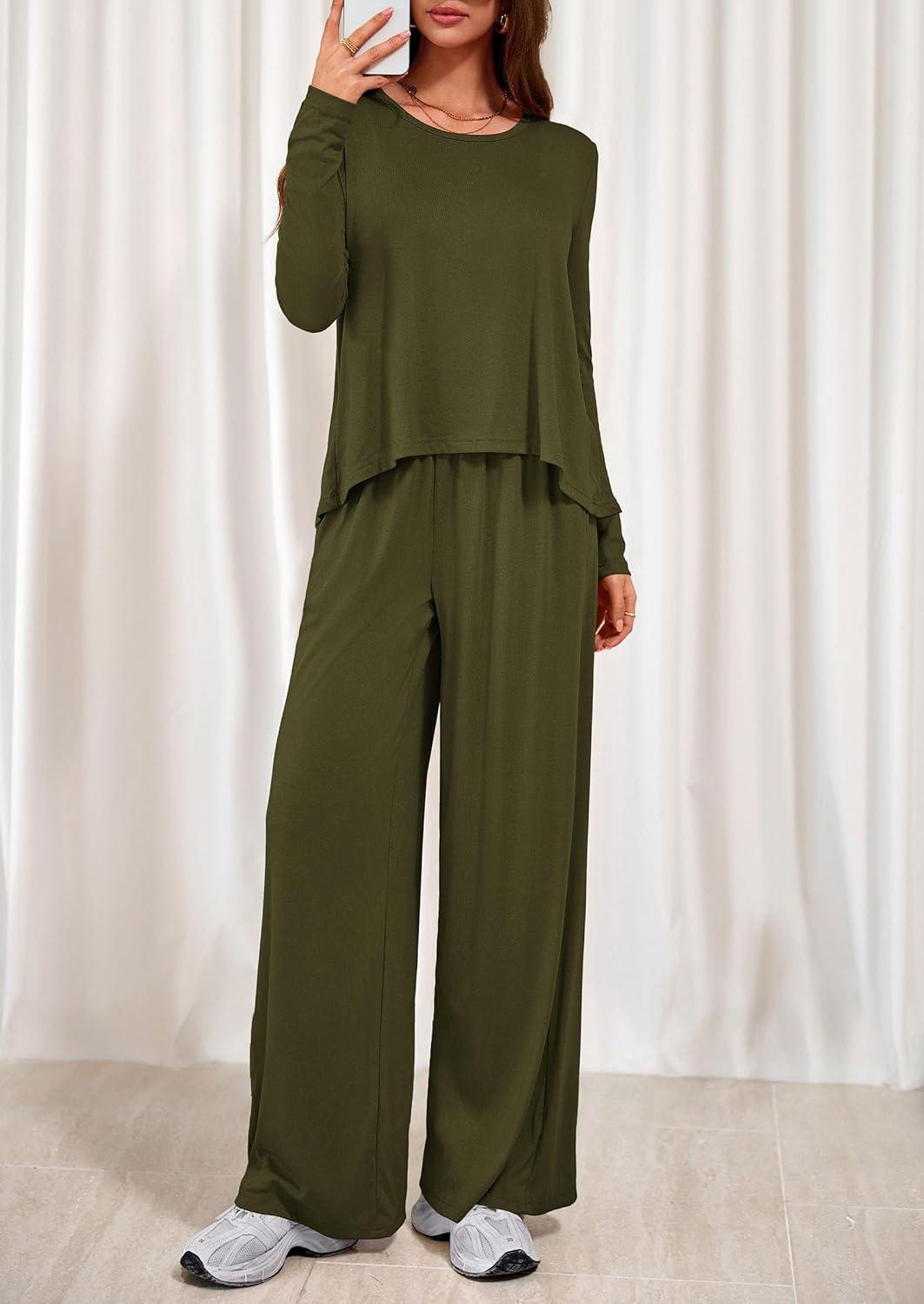 imagePRETTYGARDEN Womens 2 Piece Lounge Fall Sets Casual Long Sleeve Pajamas Comfy Pants Matching Spring Travel Outfits ClothesArmy Green