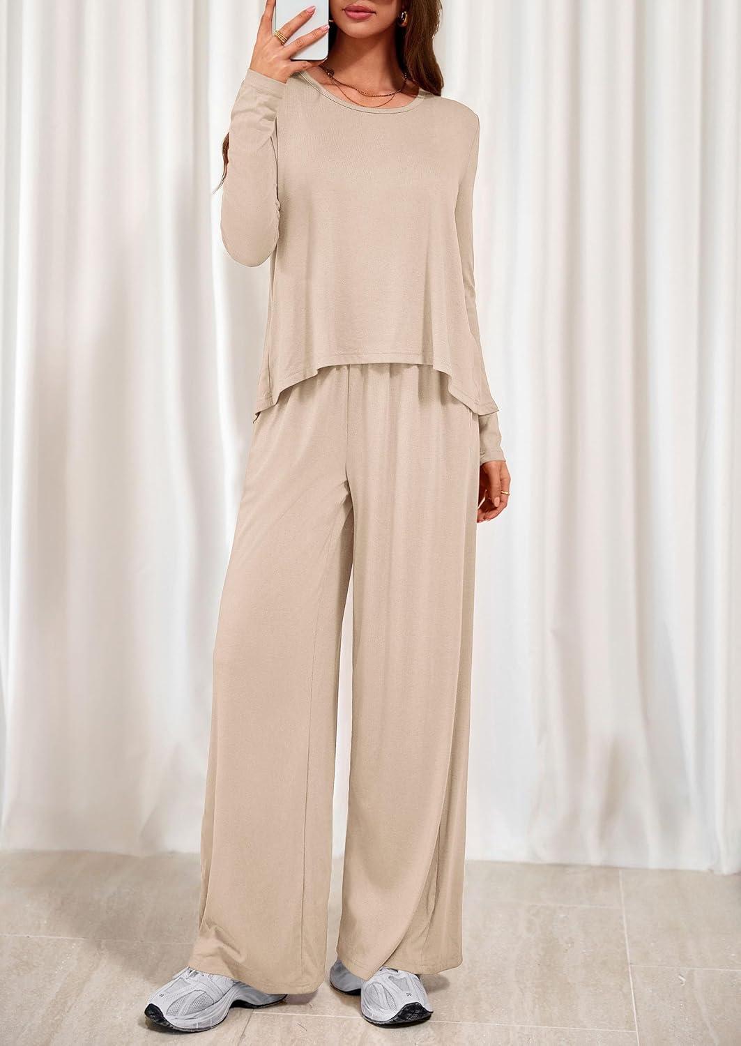 imagePRETTYGARDEN Womens 2 Piece Lounge Fall Sets Casual Long Sleeve Pajamas Comfy Pants Matching Spring Travel Outfits ClothesBeige