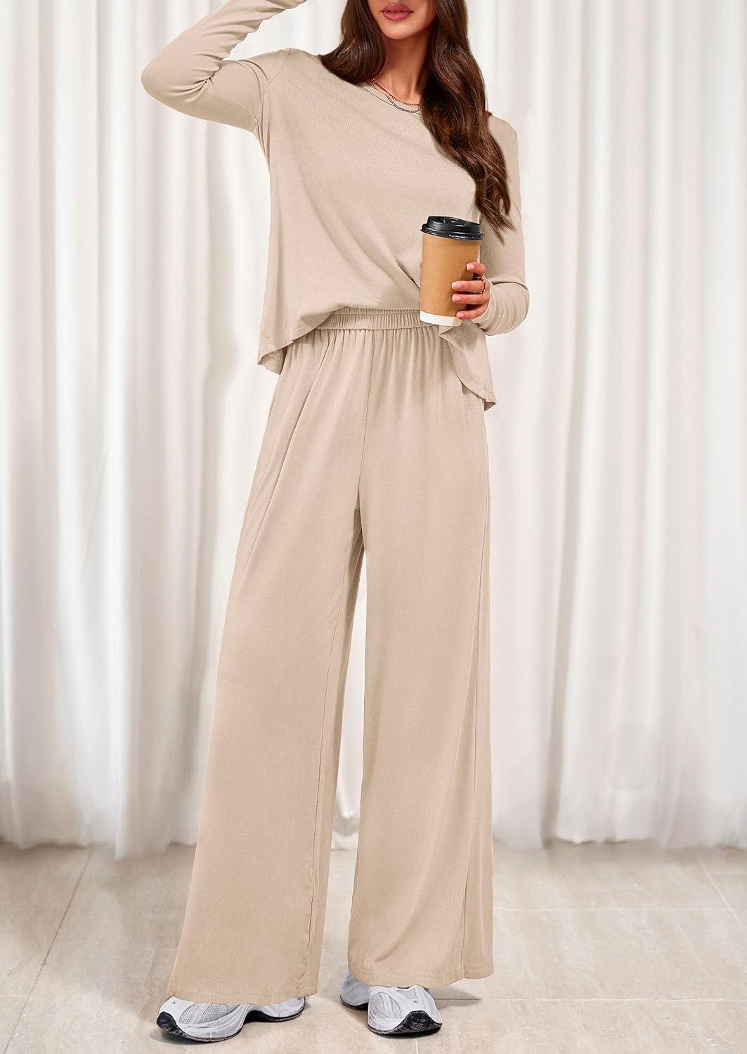 imagePRETTYGARDEN Womens 2 Piece Lounge Fall Sets Casual Long Sleeve Pajamas Comfy Pants Matching Spring Travel Outfits ClothesBeige