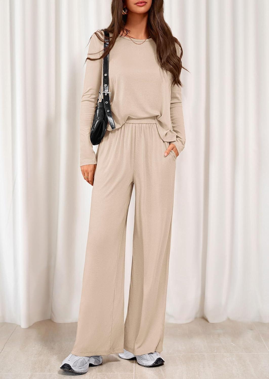 imagePRETTYGARDEN Womens 2 Piece Lounge Fall Sets Casual Long Sleeve Pajamas Comfy Pants Matching Spring Travel Outfits ClothesBeige