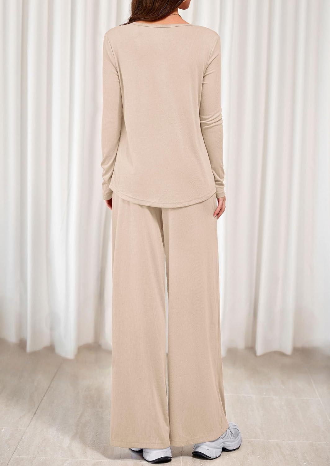 imagePRETTYGARDEN Womens 2 Piece Lounge Fall Sets Casual Long Sleeve Pajamas Comfy Pants Matching Spring Travel Outfits ClothesBeige