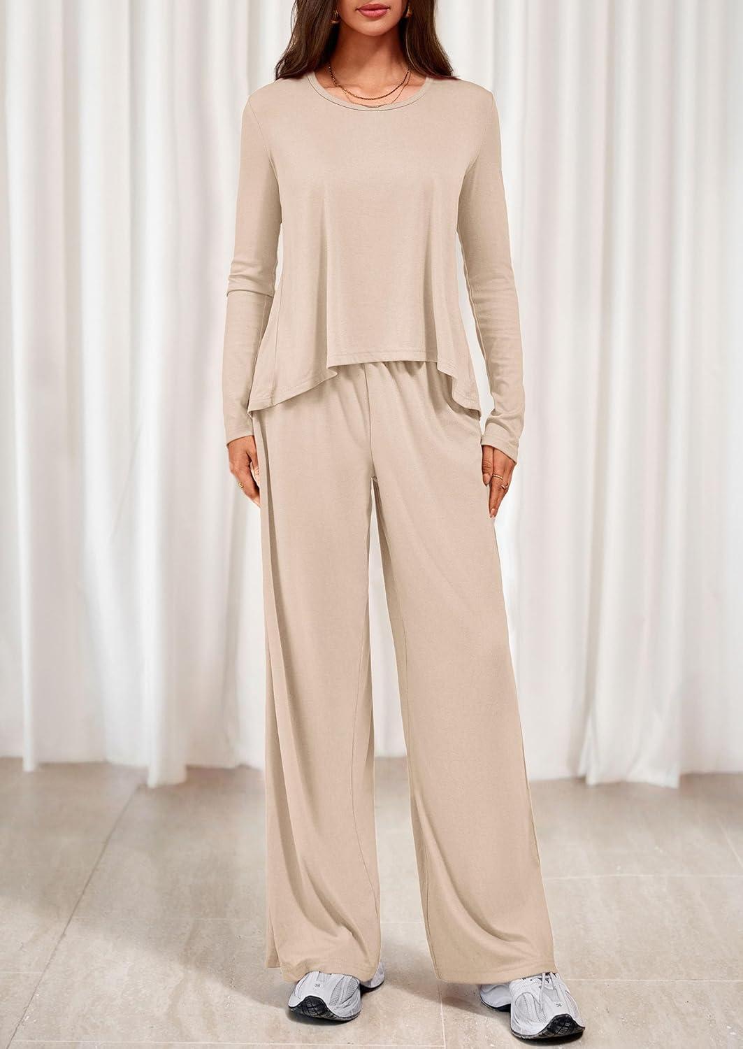 imagePRETTYGARDEN Womens 2 Piece Lounge Fall Sets Casual Long Sleeve Pajamas Comfy Pants Matching Spring Travel Outfits ClothesBeige