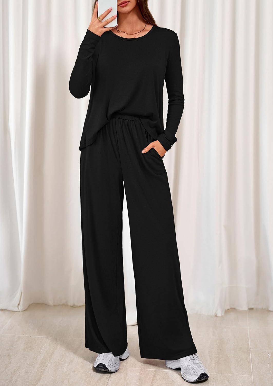 imagePRETTYGARDEN Womens 2 Piece Lounge Fall Sets Casual Long Sleeve Pajamas Comfy Pants Matching Spring Travel Outfits ClothesBlack