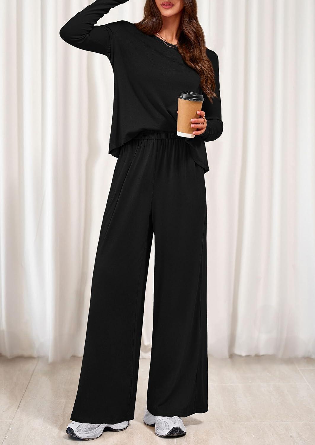 imagePRETTYGARDEN Womens 2 Piece Lounge Fall Sets Casual Long Sleeve Pajamas Comfy Pants Matching Spring Travel Outfits ClothesBlack