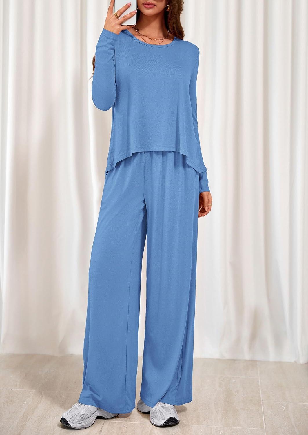 imagePRETTYGARDEN Womens 2 Piece Lounge Fall Sets Casual Long Sleeve Pajamas Comfy Pants Matching Spring Travel Outfits ClothesBlue