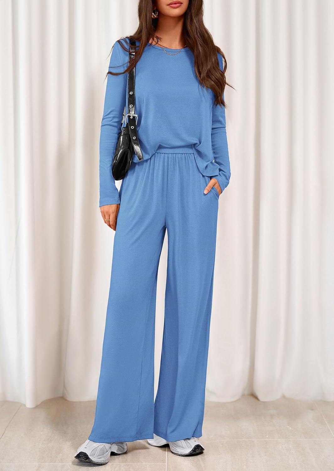 imagePRETTYGARDEN Womens 2 Piece Lounge Fall Sets Casual Long Sleeve Pajamas Comfy Pants Matching Spring Travel Outfits ClothesBlue