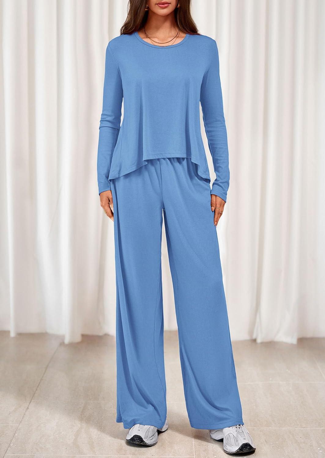 imagePRETTYGARDEN Womens 2 Piece Lounge Fall Sets Casual Long Sleeve Pajamas Comfy Pants Matching Spring Travel Outfits ClothesBlue