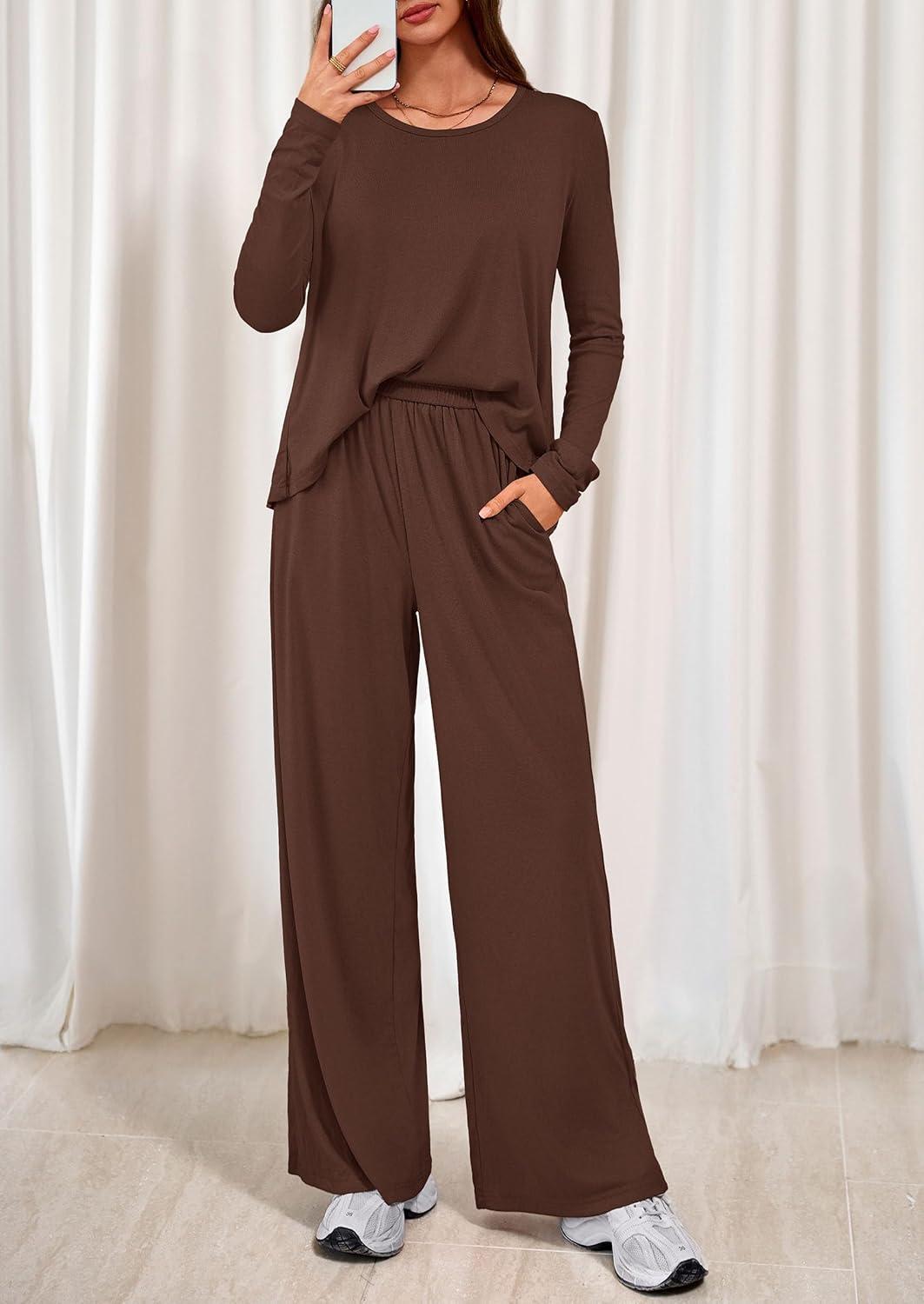 imagePRETTYGARDEN Womens 2 Piece Lounge Fall Sets Casual Long Sleeve Pajamas Comfy Pants Matching Spring Travel Outfits ClothesBrown