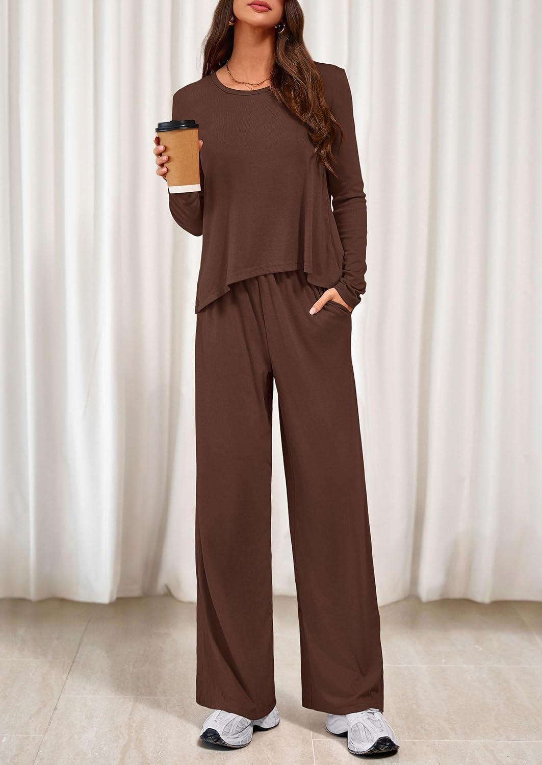 imagePRETTYGARDEN Womens 2 Piece Lounge Fall Sets Casual Long Sleeve Pajamas Comfy Pants Matching Spring Travel Outfits ClothesBrown