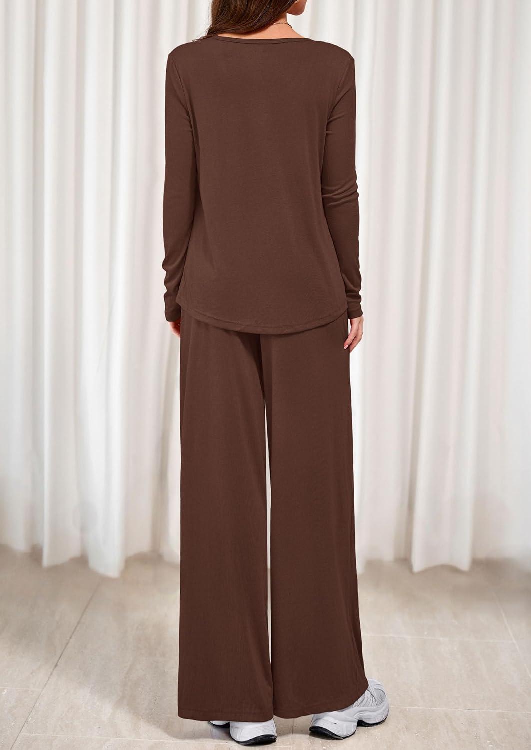 imagePRETTYGARDEN Womens 2 Piece Lounge Fall Sets Casual Long Sleeve Pajamas Comfy Pants Matching Spring Travel Outfits ClothesBrown