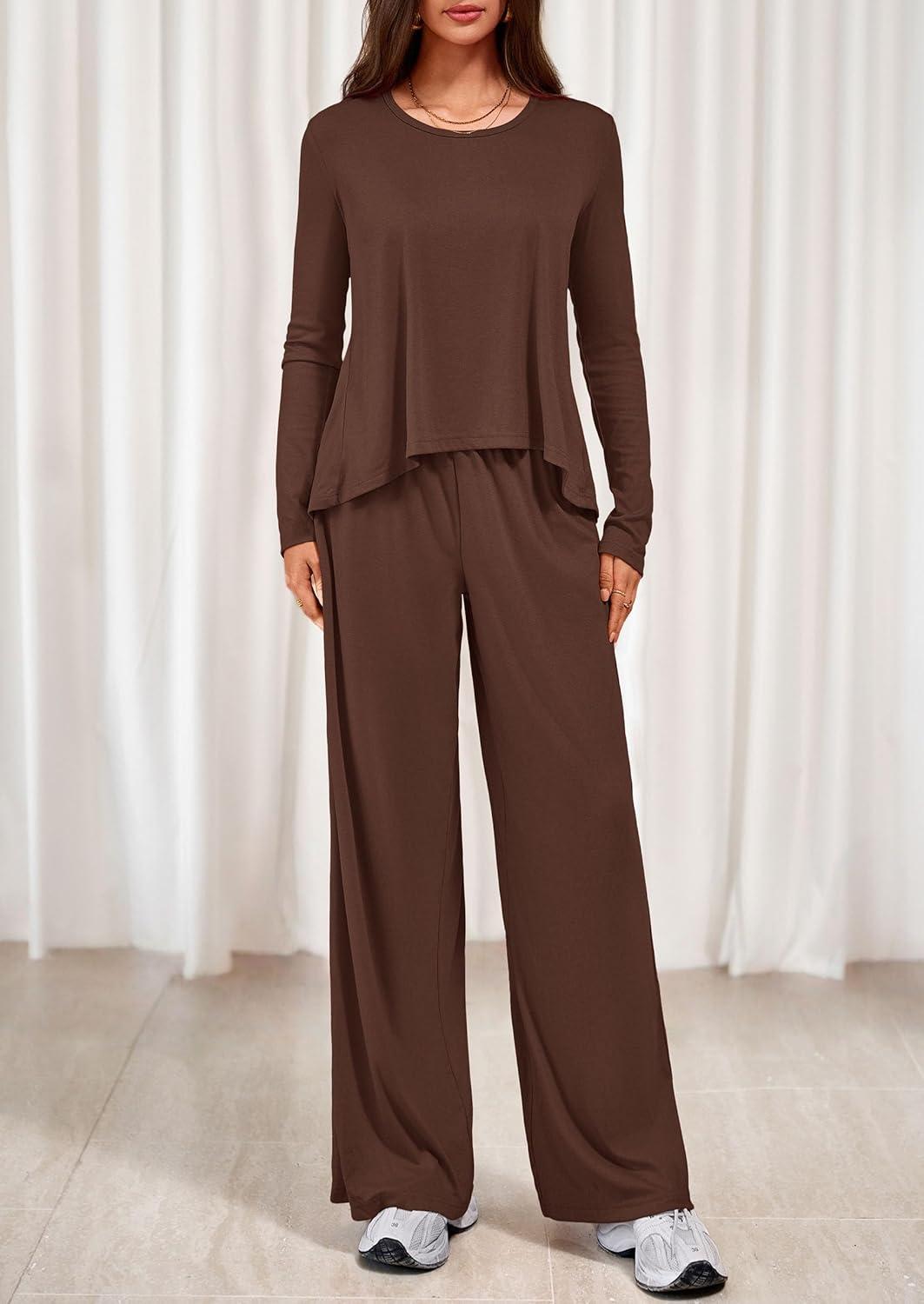 imagePRETTYGARDEN Womens 2 Piece Lounge Fall Sets Casual Long Sleeve Pajamas Comfy Pants Matching Spring Travel Outfits ClothesBrown