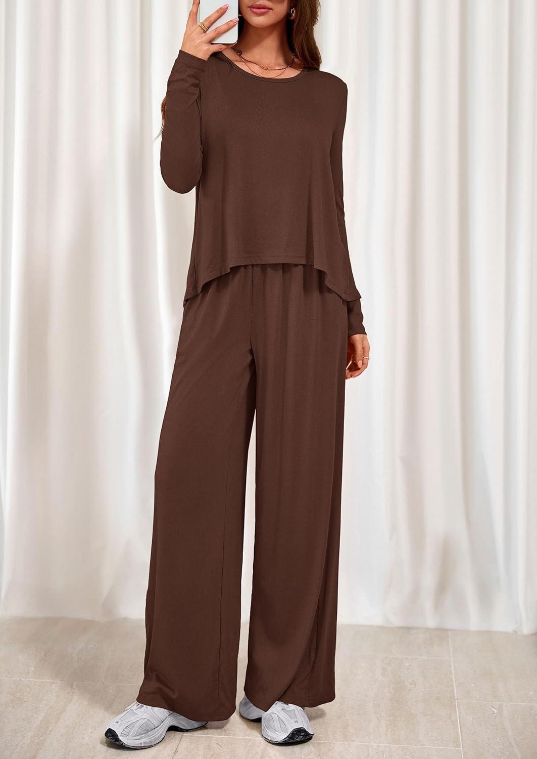 imagePRETTYGARDEN Womens 2 Piece Lounge Fall Sets Casual Long Sleeve Pajamas Comfy Pants Matching Spring Travel Outfits ClothesBrown