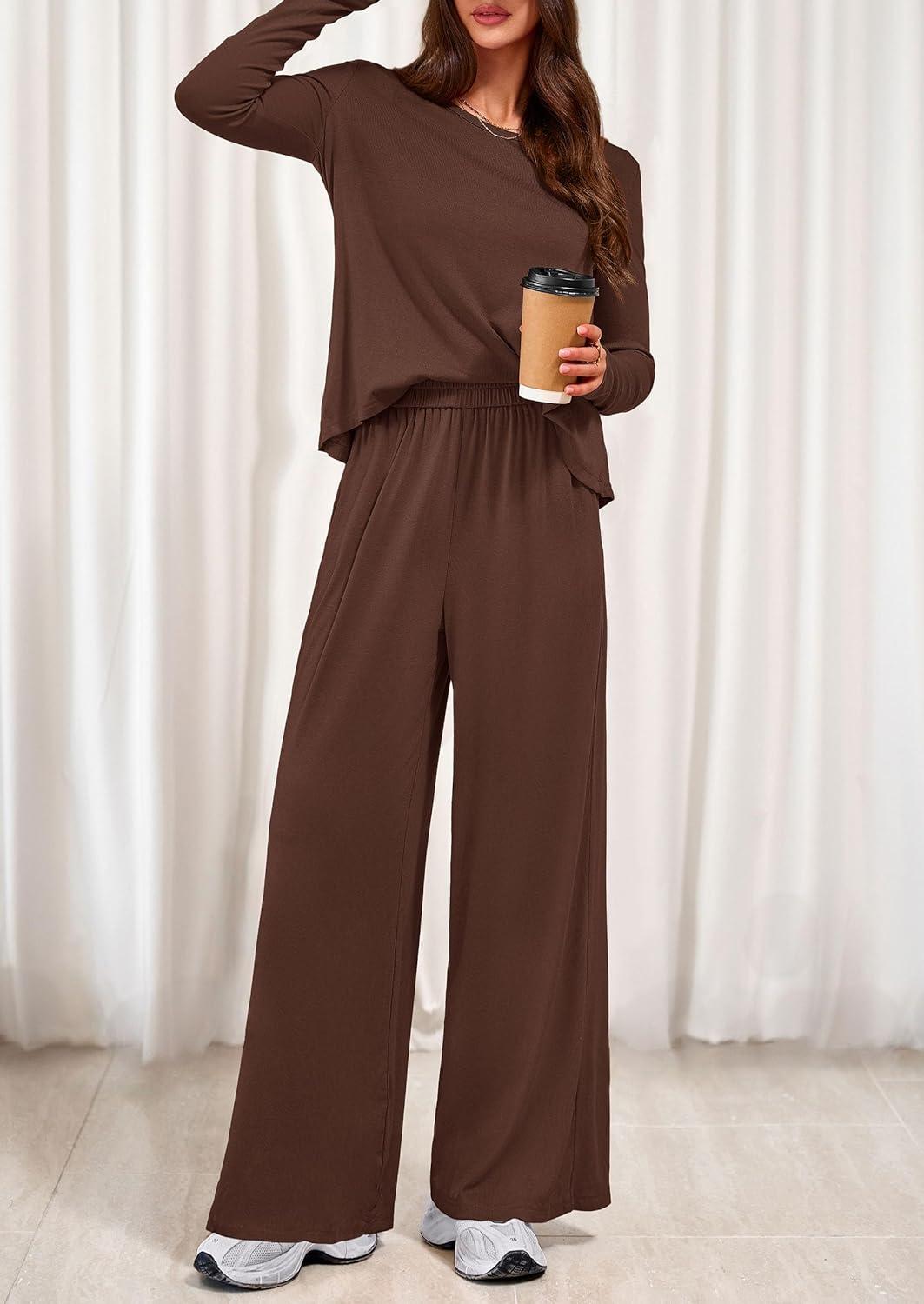imagePRETTYGARDEN Womens 2 Piece Lounge Fall Sets Casual Long Sleeve Pajamas Comfy Pants Matching Spring Travel Outfits ClothesBrown
