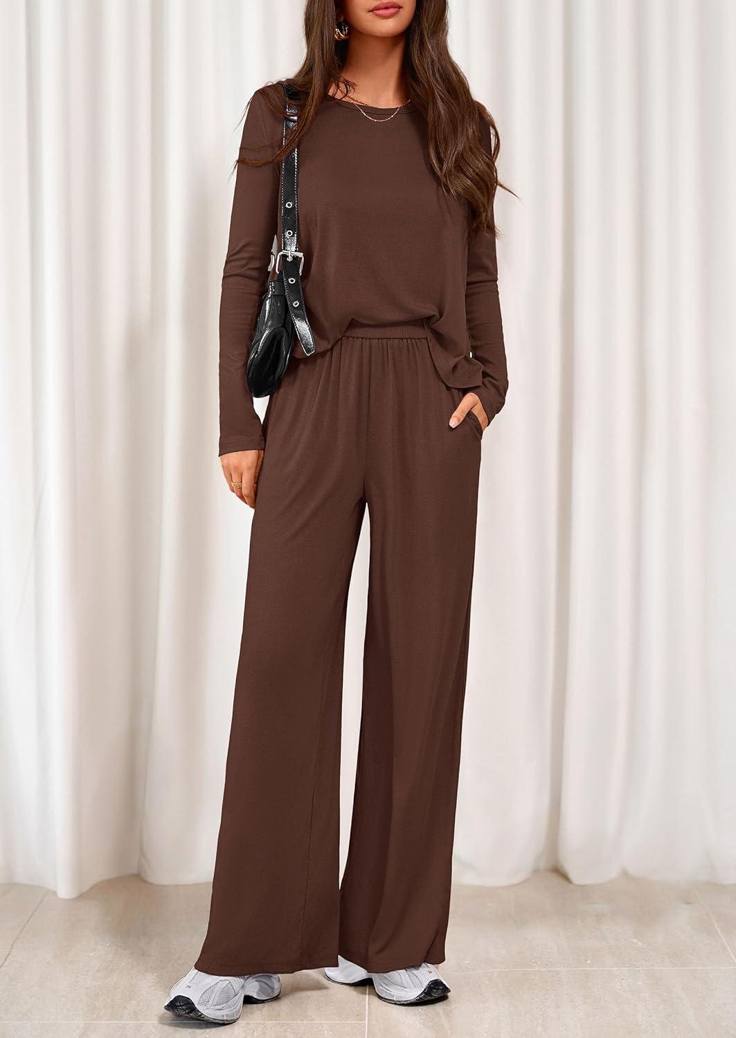 imagePRETTYGARDEN Womens 2 Piece Lounge Fall Sets Casual Long Sleeve Pajamas Comfy Pants Matching Spring Travel Outfits ClothesBrown