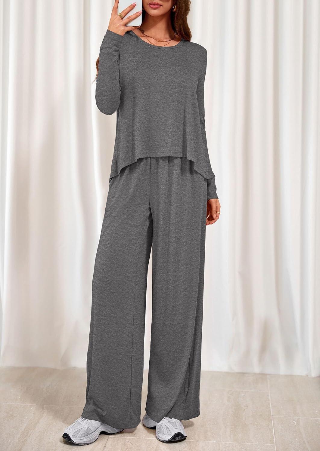 imagePRETTYGARDEN Womens 2 Piece Lounge Fall Sets Casual Long Sleeve Pajamas Comfy Pants Matching Spring Travel Outfits ClothesDark Grey