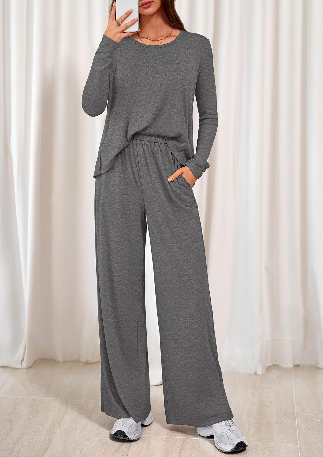 imagePRETTYGARDEN Womens 2 Piece Lounge Fall Sets Casual Long Sleeve Pajamas Comfy Pants Matching Spring Travel Outfits ClothesDark Grey