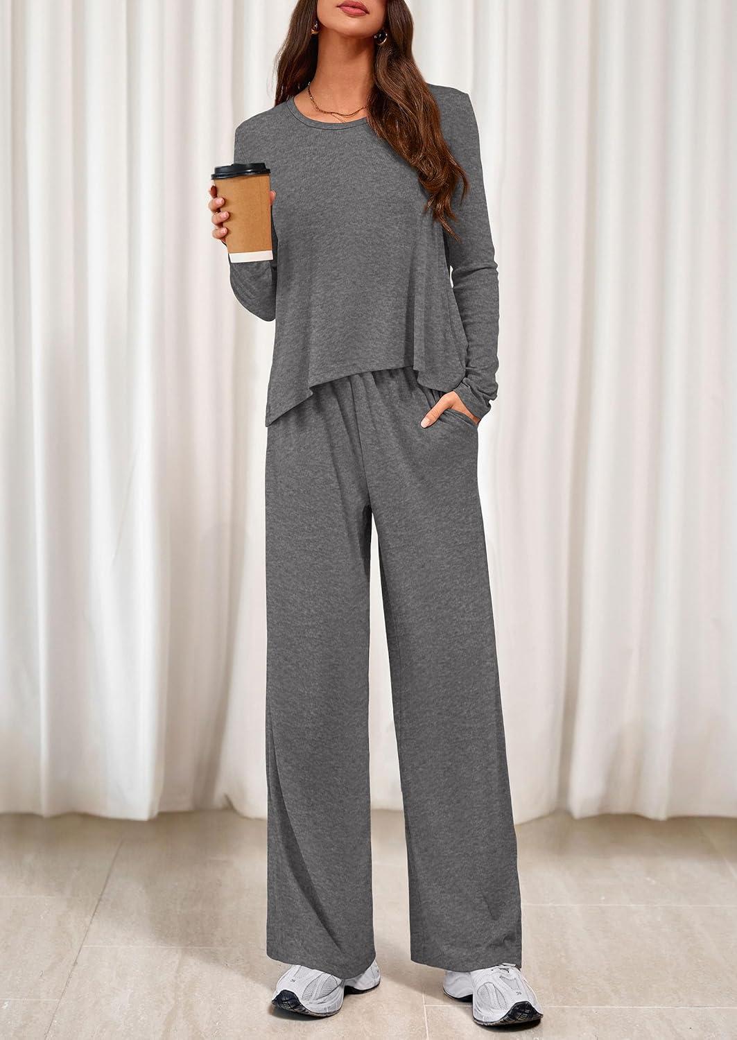 imagePRETTYGARDEN Womens 2 Piece Lounge Fall Sets Casual Long Sleeve Pajamas Comfy Pants Matching Spring Travel Outfits ClothesDark Grey