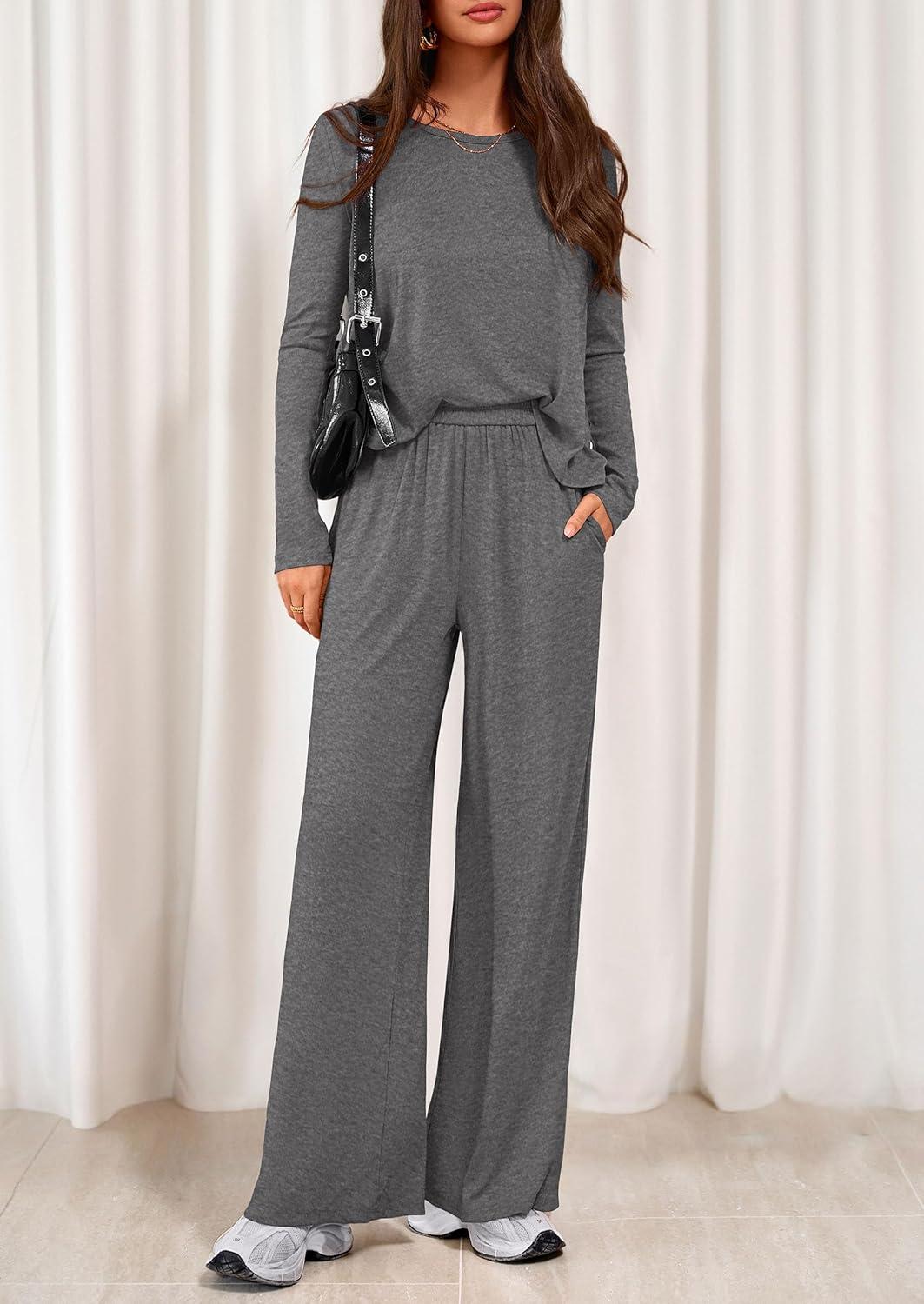 imagePRETTYGARDEN Womens 2 Piece Lounge Fall Sets Casual Long Sleeve Pajamas Comfy Pants Matching Spring Travel Outfits ClothesDark Grey