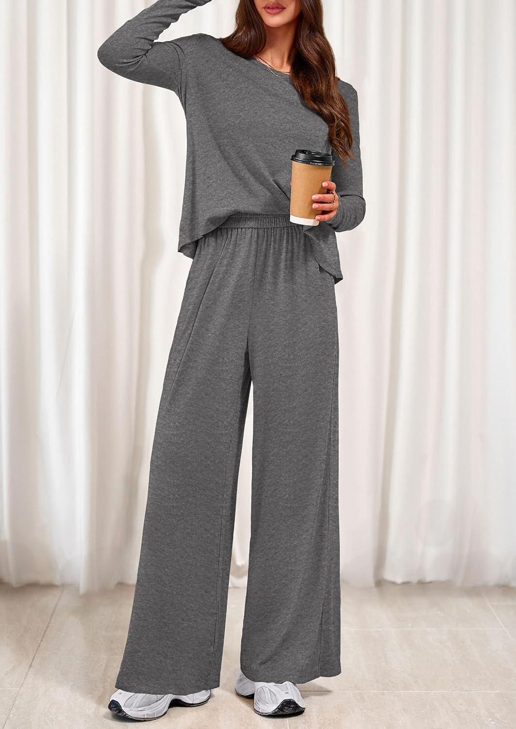 imagePRETTYGARDEN Womens 2 Piece Lounge Fall Sets Casual Long Sleeve Pajamas Comfy Pants Matching Spring Travel Outfits ClothesDark Grey