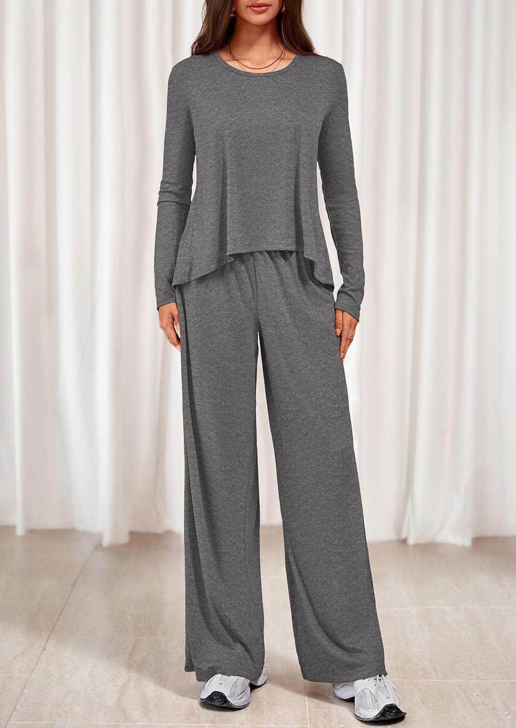 imagePRETTYGARDEN Womens 2 Piece Lounge Fall Sets Casual Long Sleeve Pajamas Comfy Pants Matching Spring Travel Outfits ClothesDark Grey