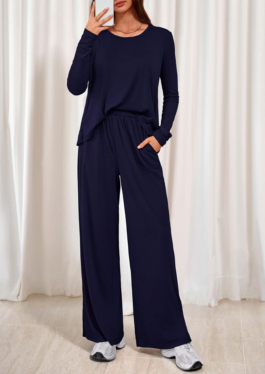 imagePRETTYGARDEN Womens 2 Piece Lounge Fall Sets Casual Long Sleeve Pajamas Comfy Pants Matching Spring Travel Outfits ClothesNavy Blue