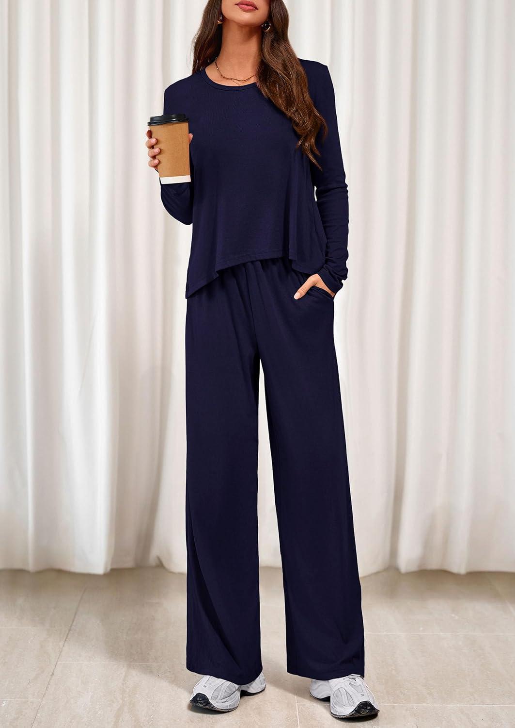 imagePRETTYGARDEN Womens 2 Piece Lounge Fall Sets Casual Long Sleeve Pajamas Comfy Pants Matching Spring Travel Outfits ClothesNavy Blue