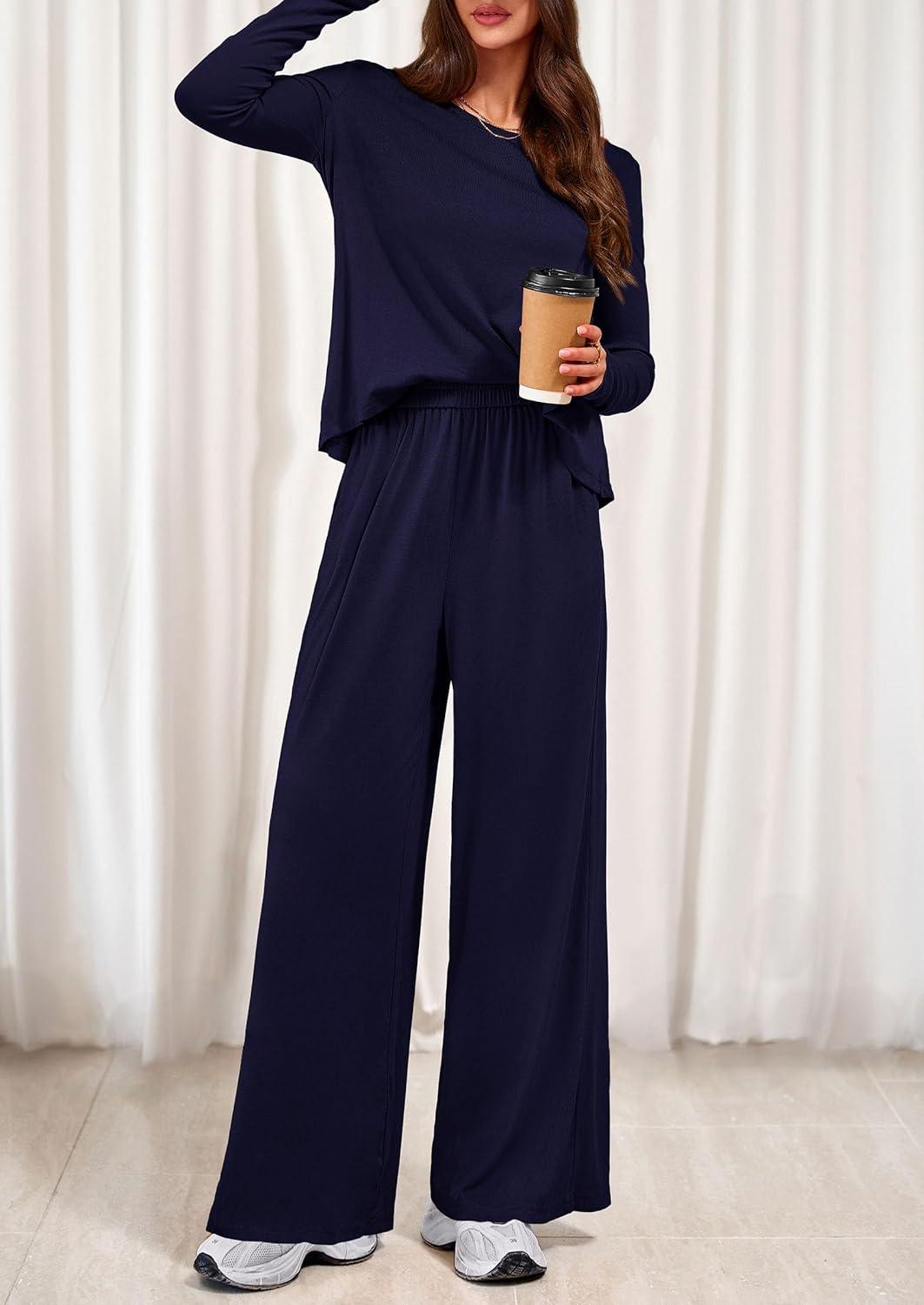 imagePRETTYGARDEN Womens 2 Piece Lounge Fall Sets Casual Long Sleeve Pajamas Comfy Pants Matching Spring Travel Outfits ClothesNavy Blue