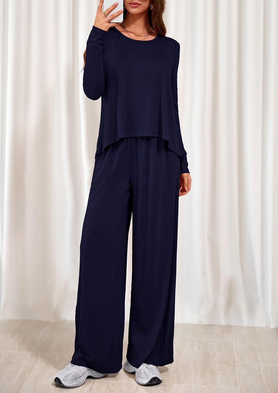imagePRETTYGARDEN Womens 2 Piece Lounge Fall Sets Casual Long Sleeve Pajamas Comfy Pants Matching Spring Travel Outfits ClothesNavy Blue