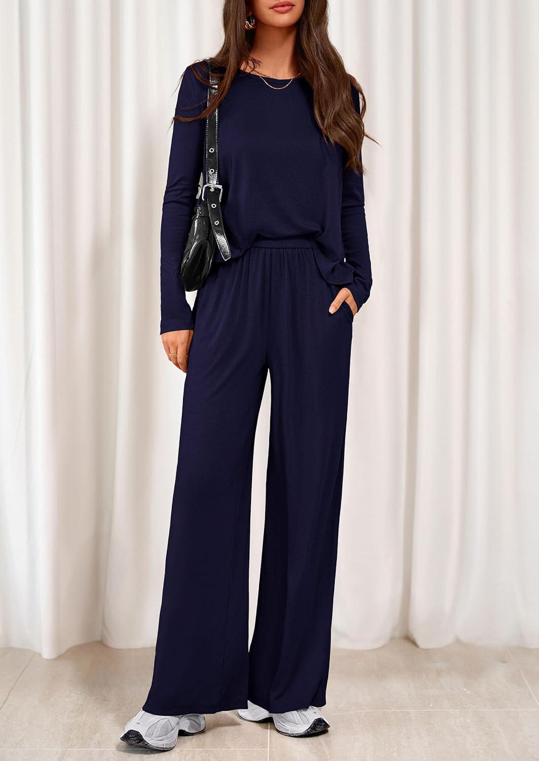 imagePRETTYGARDEN Womens 2 Piece Lounge Fall Sets Casual Long Sleeve Pajamas Comfy Pants Matching Spring Travel Outfits ClothesNavy Blue