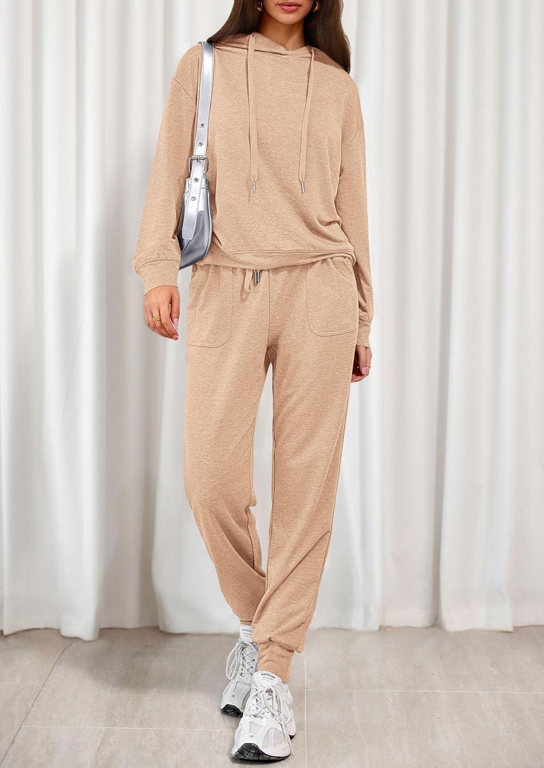 imagePRETTYGARDEN Womens 2 Piece Lounge Sets Fall Clothes Hoodies Sweatshirt Joggers Sweatpants Sweatsuits 2026 Airport OutfitsBeige