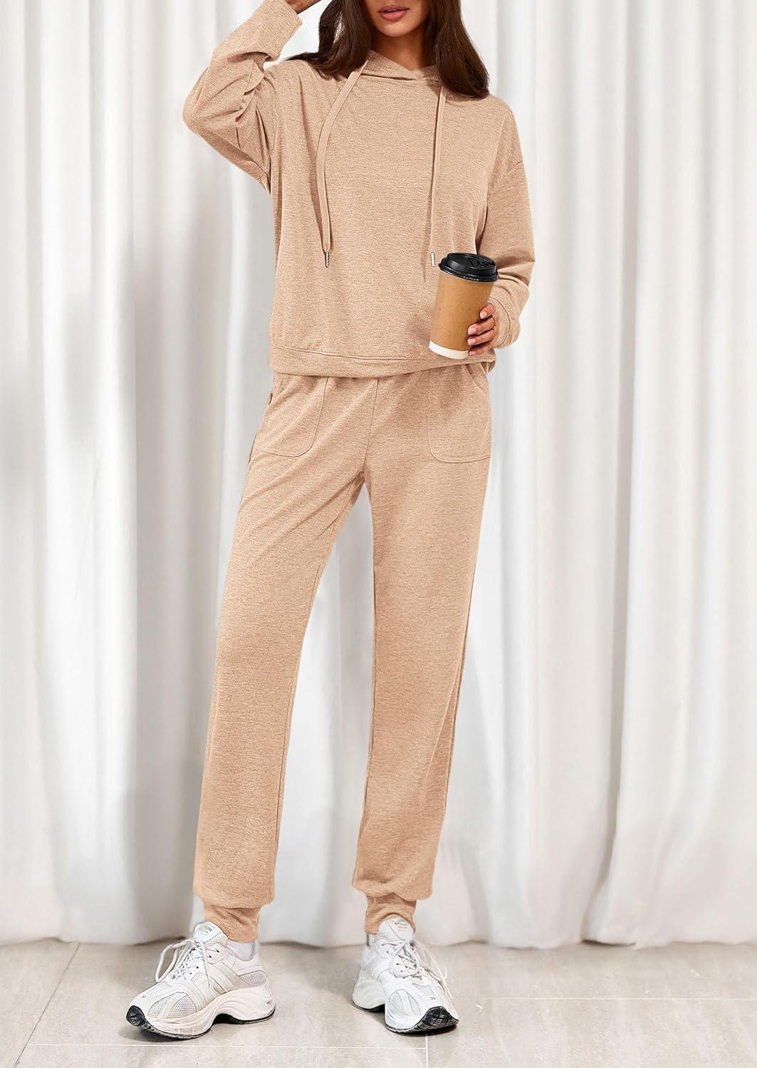 imagePRETTYGARDEN Womens 2 Piece Lounge Sets Fall Clothes Hoodies Sweatshirt Joggers Sweatpants Sweatsuits 2026 Airport OutfitsBeige