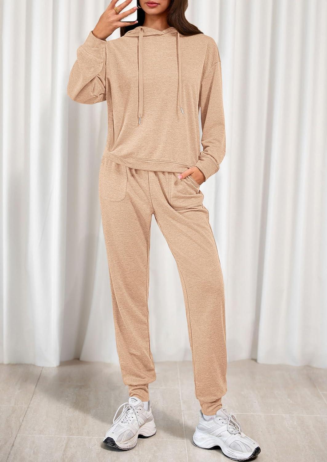 imagePRETTYGARDEN Womens 2 Piece Lounge Sets Fall Clothes Hoodies Sweatshirt Joggers Sweatpants Sweatsuits 2026 Airport OutfitsBeige