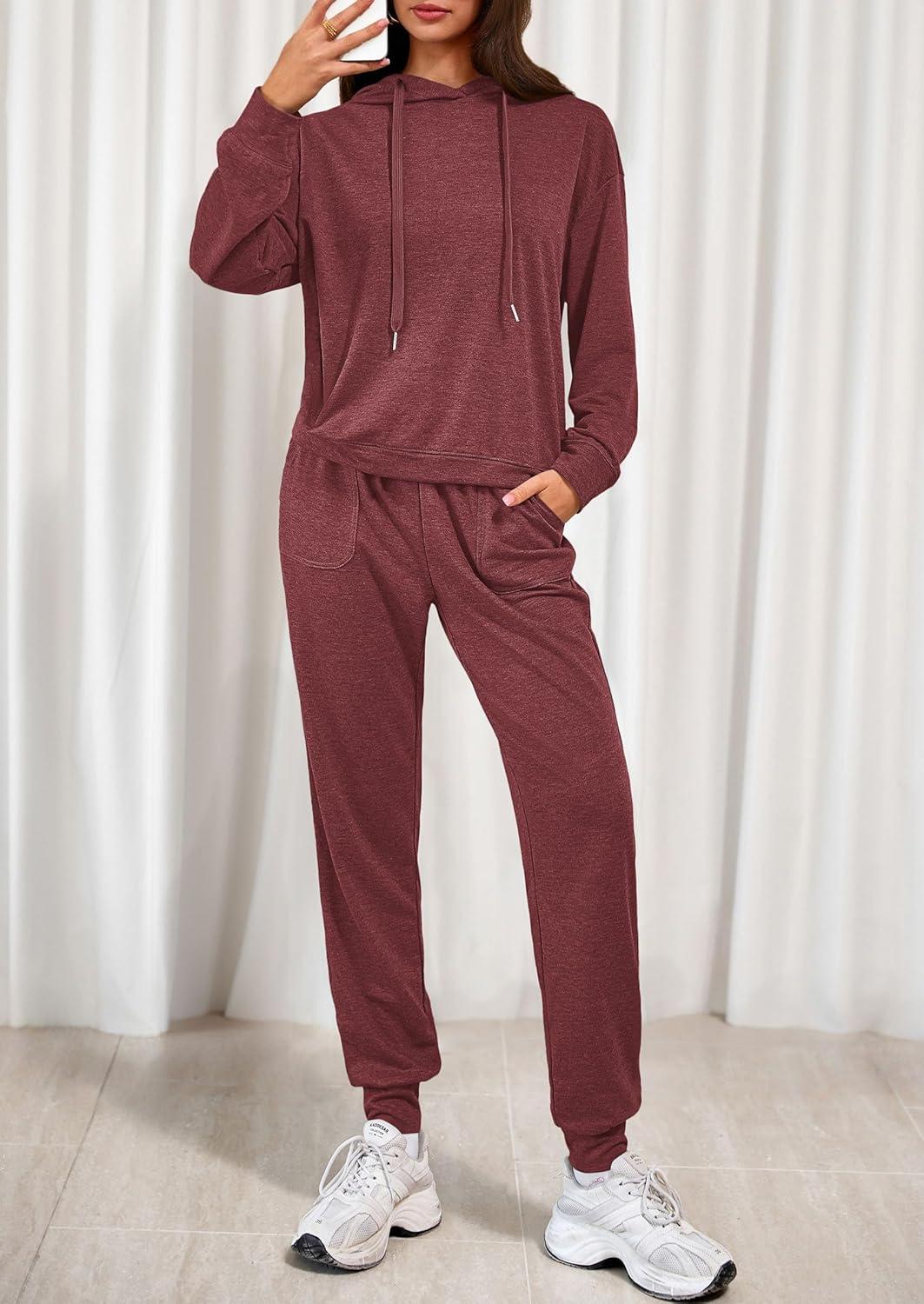 imagePRETTYGARDEN Womens 2 Piece Lounge Sets Fall Clothes Hoodies Sweatshirt Joggers Sweatpants Sweatsuits 2026 Airport OutfitsBurgundy