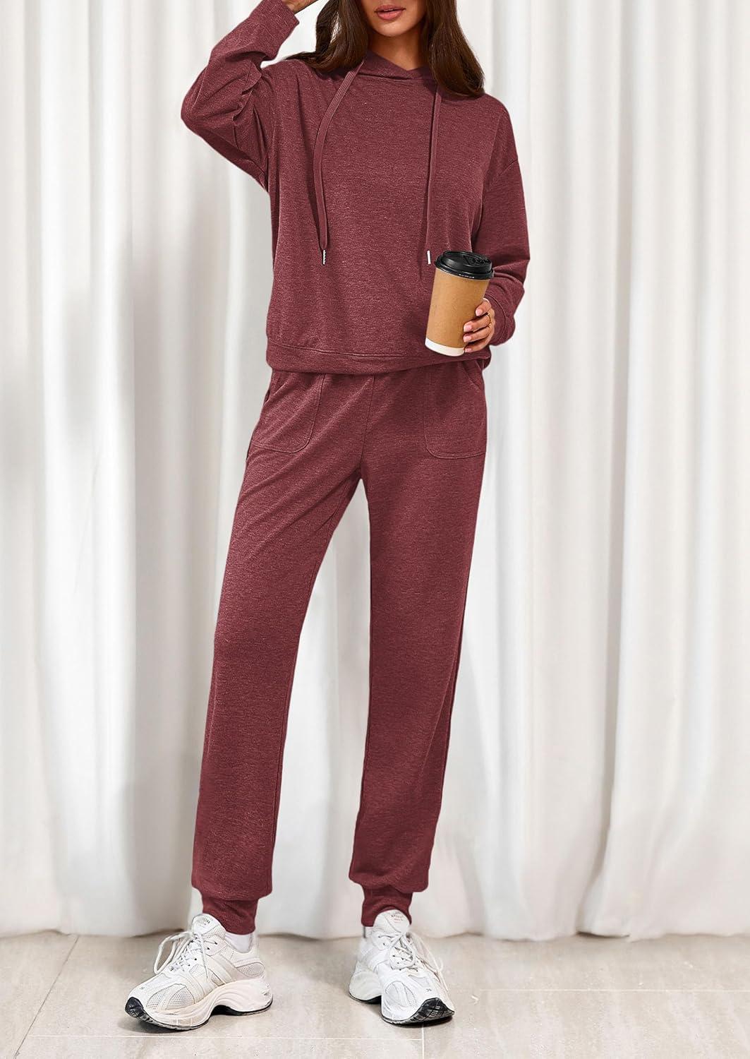 imagePRETTYGARDEN Womens 2 Piece Lounge Sets Fall Clothes Hoodies Sweatshirt Joggers Sweatpants Sweatsuits 2026 Airport OutfitsBurgundy