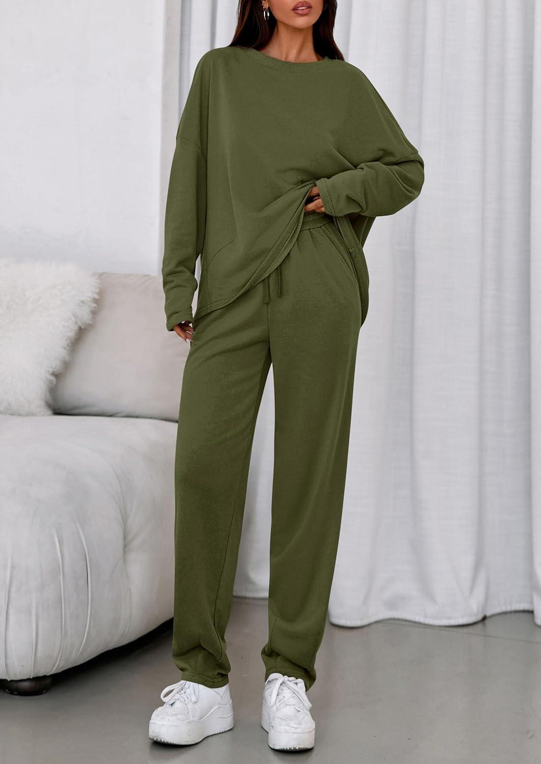 imagePRETTYGARDEN Womens 2 Piece Matching Lounge Sets 2025 Fall Long Sleeve Boatneck Sweatsuit Drawstring Sweatpants PocketsArmy Green