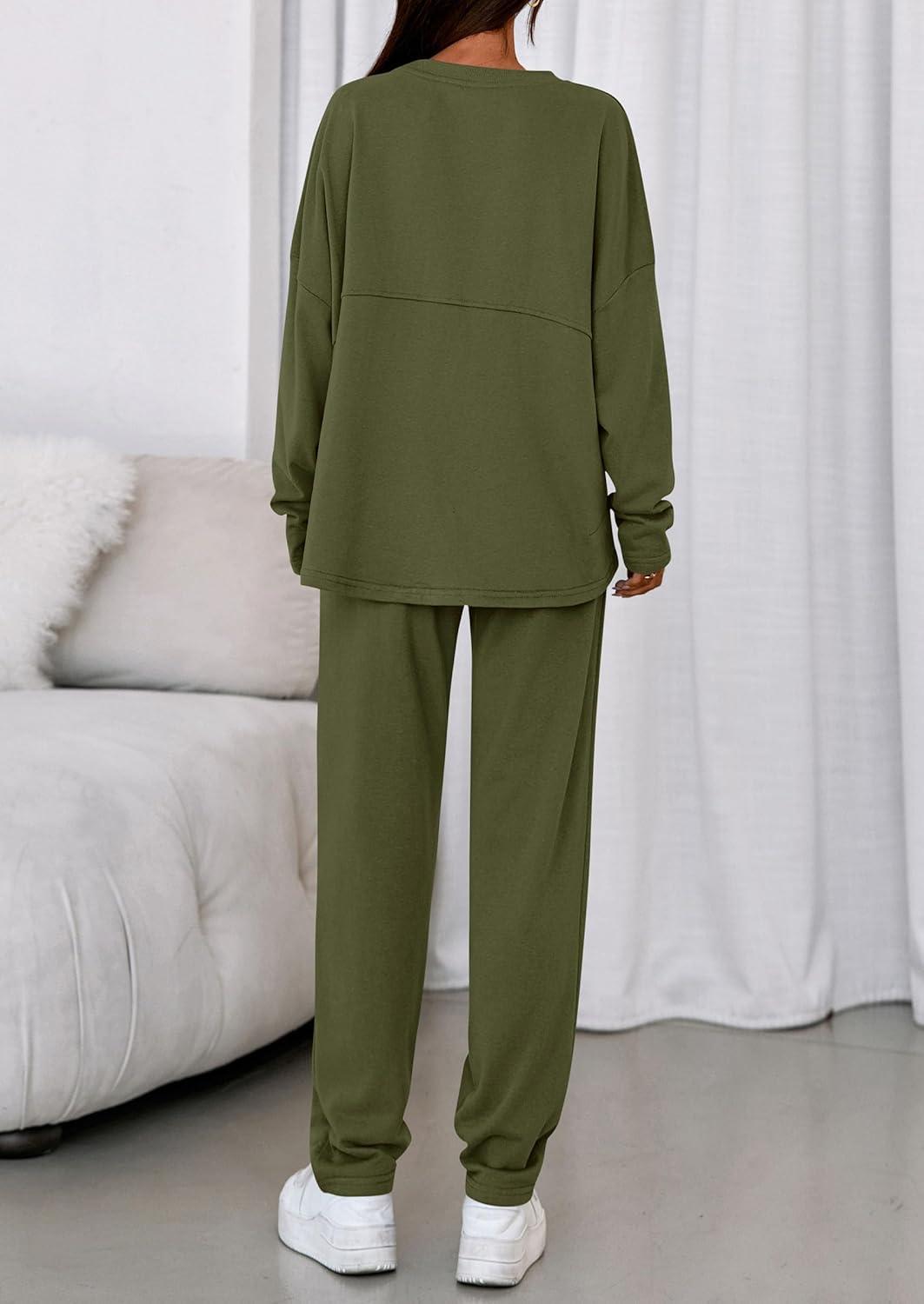 imagePRETTYGARDEN Womens 2 Piece Matching Lounge Sets 2025 Fall Long Sleeve Boatneck Sweatsuit Drawstring Sweatpants PocketsArmy Green