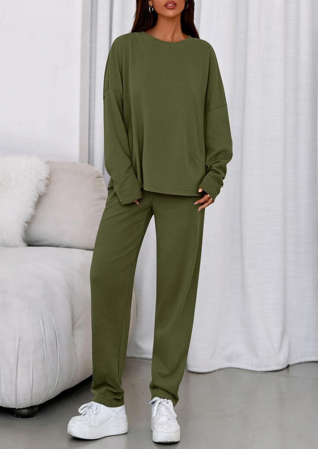 imagePRETTYGARDEN Womens 2 Piece Matching Lounge Sets 2025 Fall Long Sleeve Boatneck Sweatsuit Drawstring Sweatpants PocketsArmy Green
