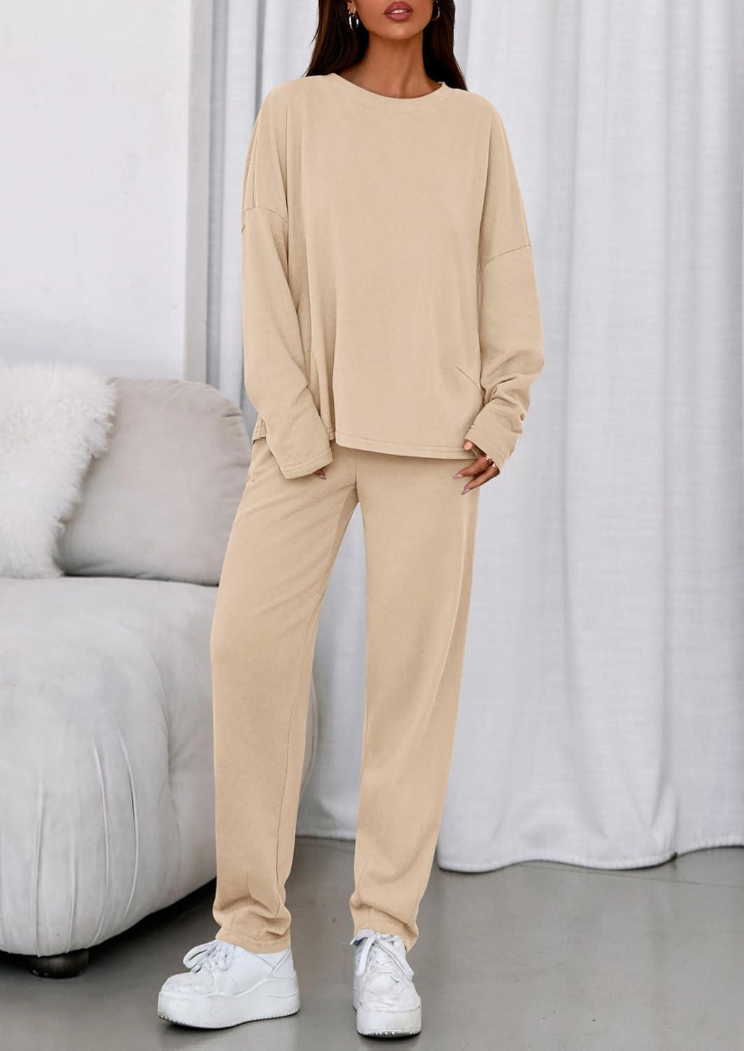 imagePRETTYGARDEN Womens 2 Piece Matching Lounge Sets 2025 Fall Long Sleeve Boatneck Sweatsuit Drawstring Sweatpants PocketsBeige