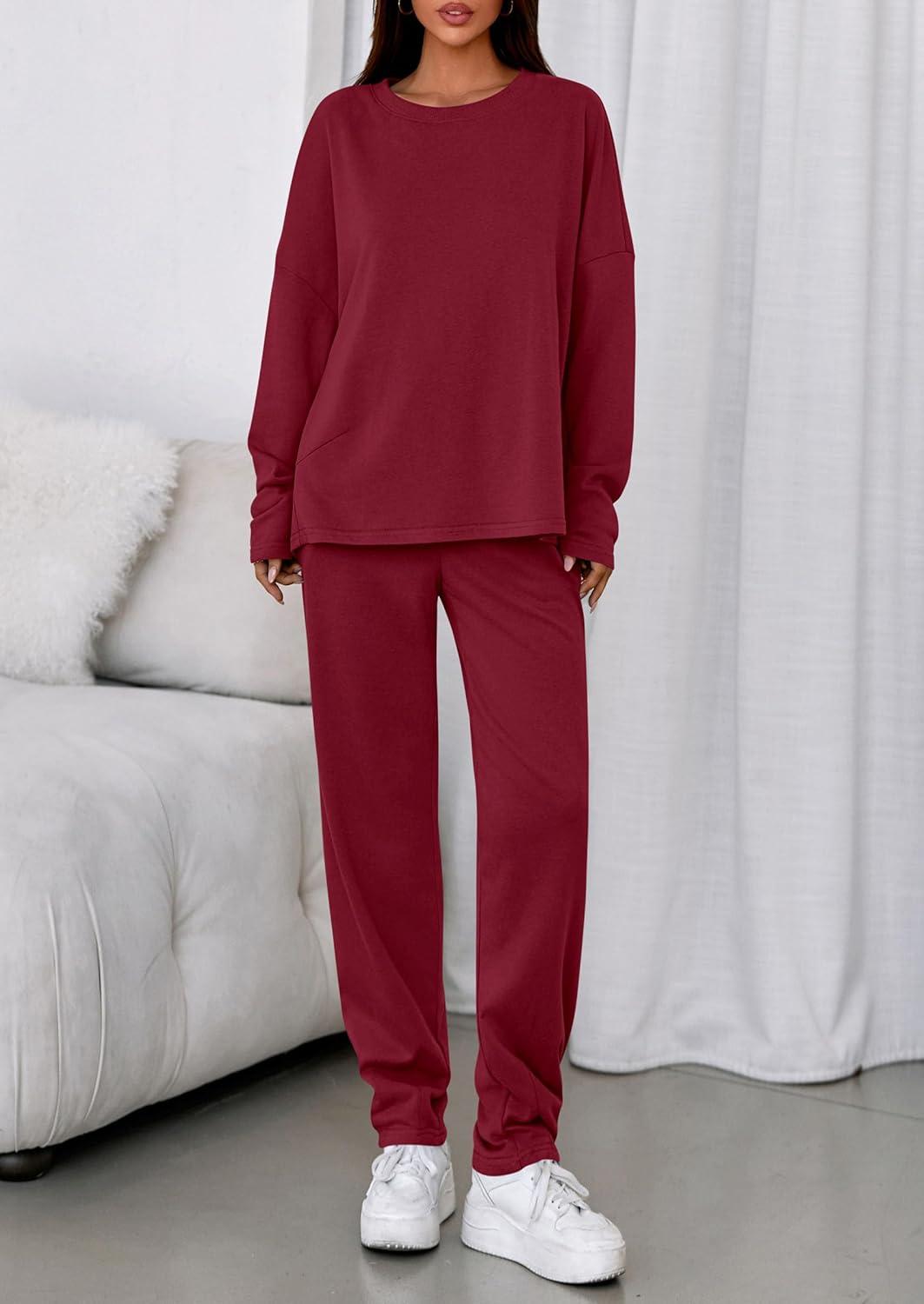 imagePRETTYGARDEN Womens 2 Piece Matching Lounge Sets 2025 Fall Long Sleeve Boatneck Sweatsuit Drawstring Sweatpants PocketsBurgundy
