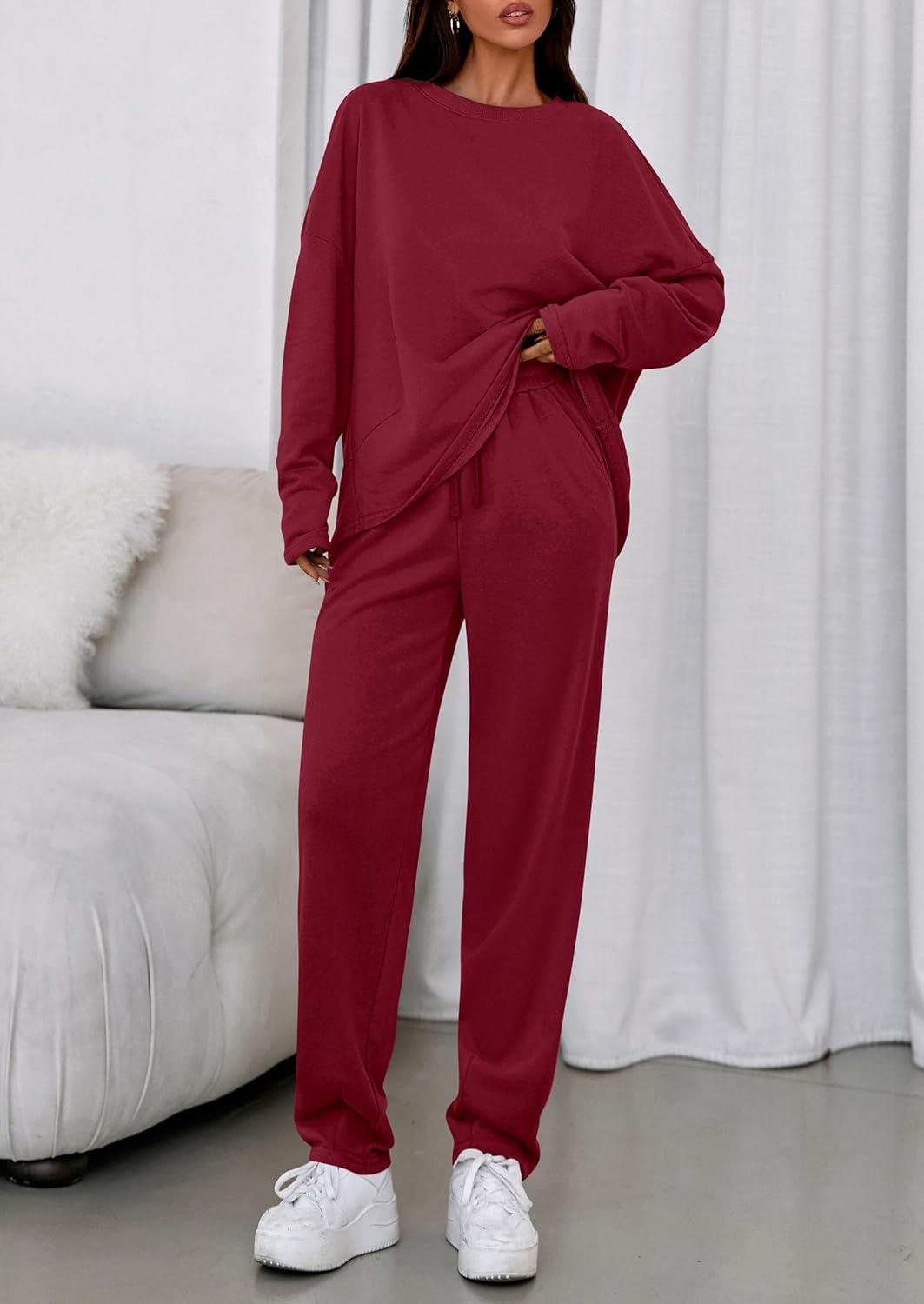 imagePRETTYGARDEN Womens 2 Piece Matching Lounge Sets 2025 Fall Long Sleeve Boatneck Sweatsuit Drawstring Sweatpants PocketsBurgundy