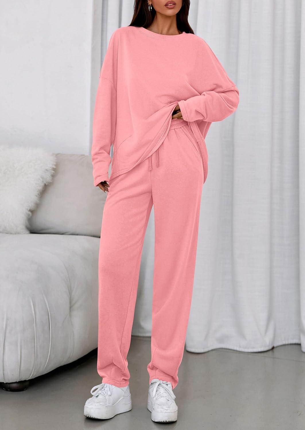 imagePRETTYGARDEN Womens 2 Piece Matching Lounge Sets 2025 Fall Long Sleeve Boatneck Sweatsuit Drawstring Sweatpants PocketsPink