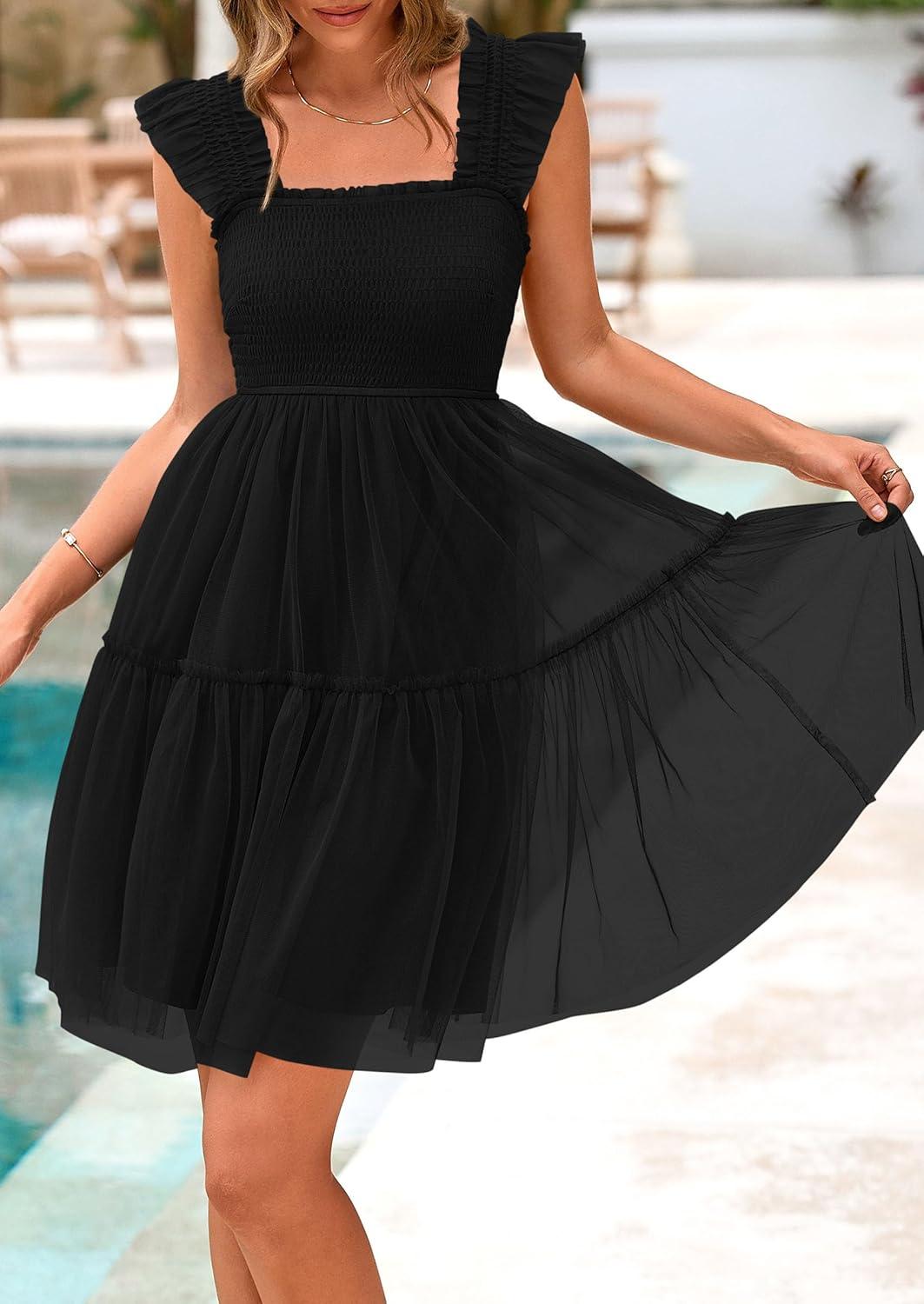 imagePRETTYGARDEN Womens 2025 Trendy Mini Summer Dresses Sleeveless Tulle Ruffle Square Neck Tiered Smocked Beach Vacation DressBlack
